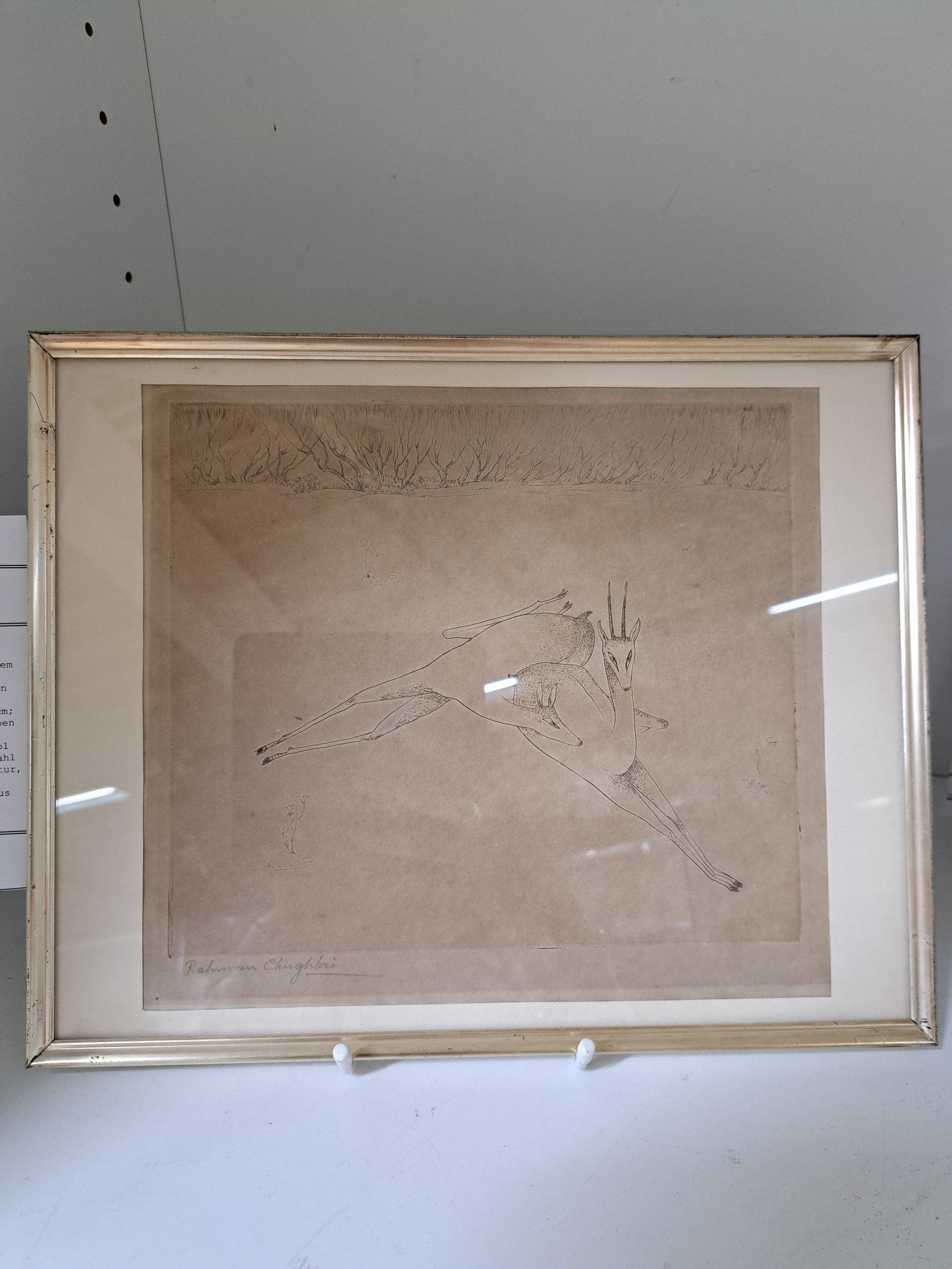 Detail o: Abdur Rahman Chughtai, 1897-1975 Lahore, Pakistan, Radierung auf dünnem Papier, liegender Bock und Geiß, pointierte Strichführung, links unten ...