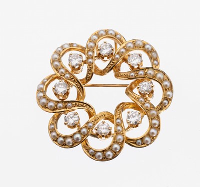 Image 26930020 - 14 kt Gold Brillant-Perl-Brosche, GG 585/000, nach Vorbild von 1880-90, geschwungen, 8 ...