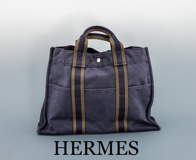 Image 26930045 - HERMES Fourre Tout MM Tote Bag, marinefarb.Canvas, Tragehenkel olivfarb. abgesetzt, ...