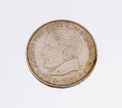 Image Silbermünze 5 Mark, Deutschland 1957, Joseph Freiherr von Eichendorff