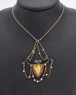 Image 26930142 - 14 kt Gold Saphir-Perl-Collier, um 1880-1900, GG 585/000 gepr., Mittelteil mit bewegl. ...