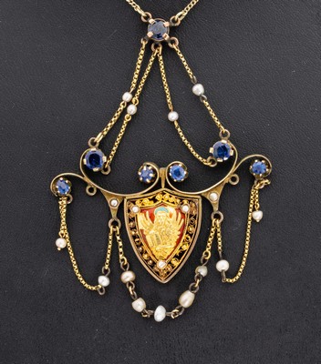 26930142a - 14 kt Gold Saphir-Perl-Collier, um 1880-1900, GG 585/000 gepr., Mittelteil mit bewegl. ...