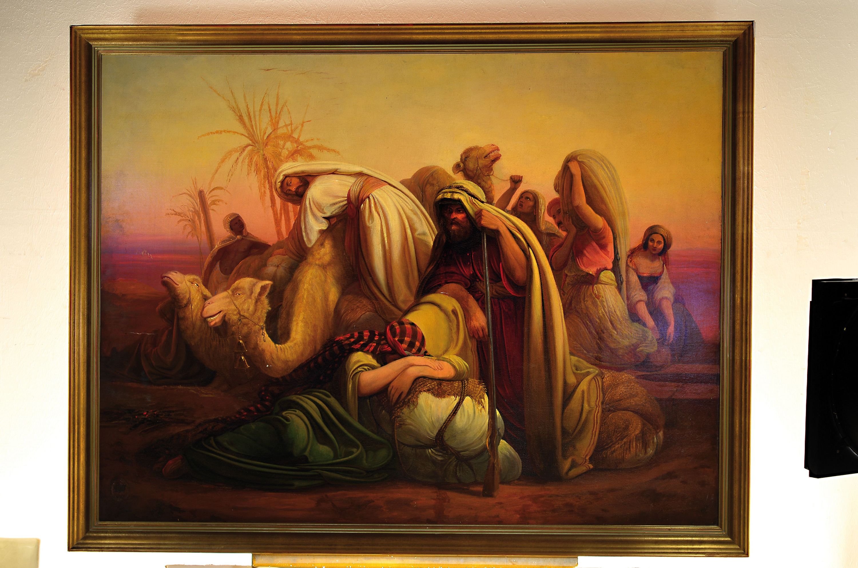 Detail k: Ungedeuteter Orientalist, signiert, A. Meyer, um 1900, erschöpfte Beduinen auf der Rast, Verweis auf die alttestamentarische Wüstenwanderung der ...
