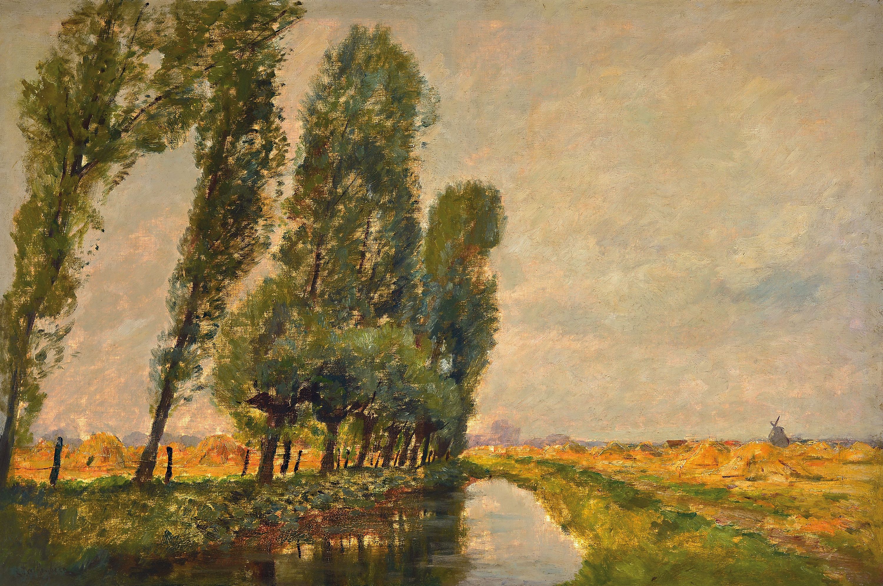 Richard Falkenberg, 1875 Elberfeld-1948 Zeulenroda, niederrheinische Flusslandschaft, von Bäumen gesäumter Flusslauf eigefasst durch ...