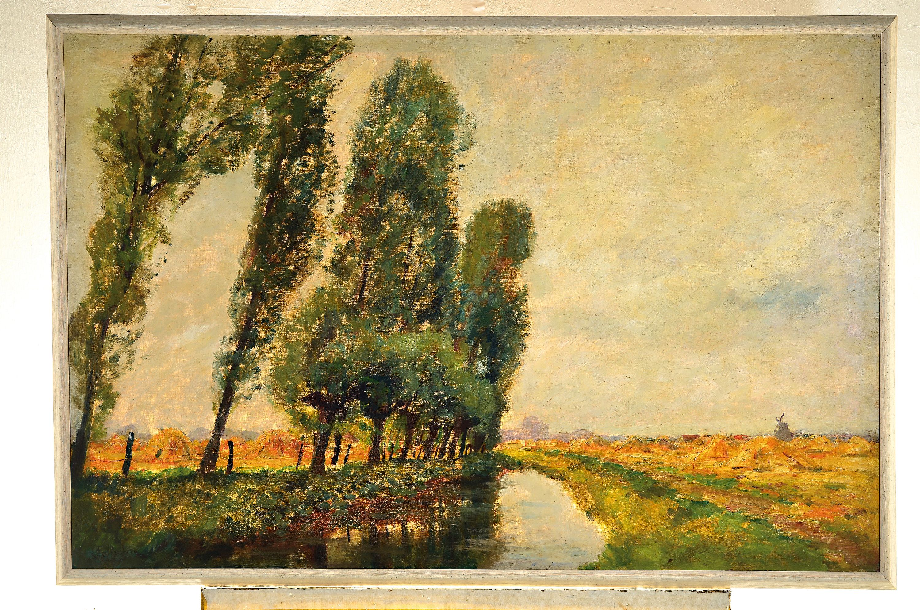 Detail k: Richard Falkenberg, 1875 Elberfeld-1948 Zeulenroda, niederrheinische Flusslandschaft, von Bäumen gesäumter Flusslauf eigefasst durch ...
