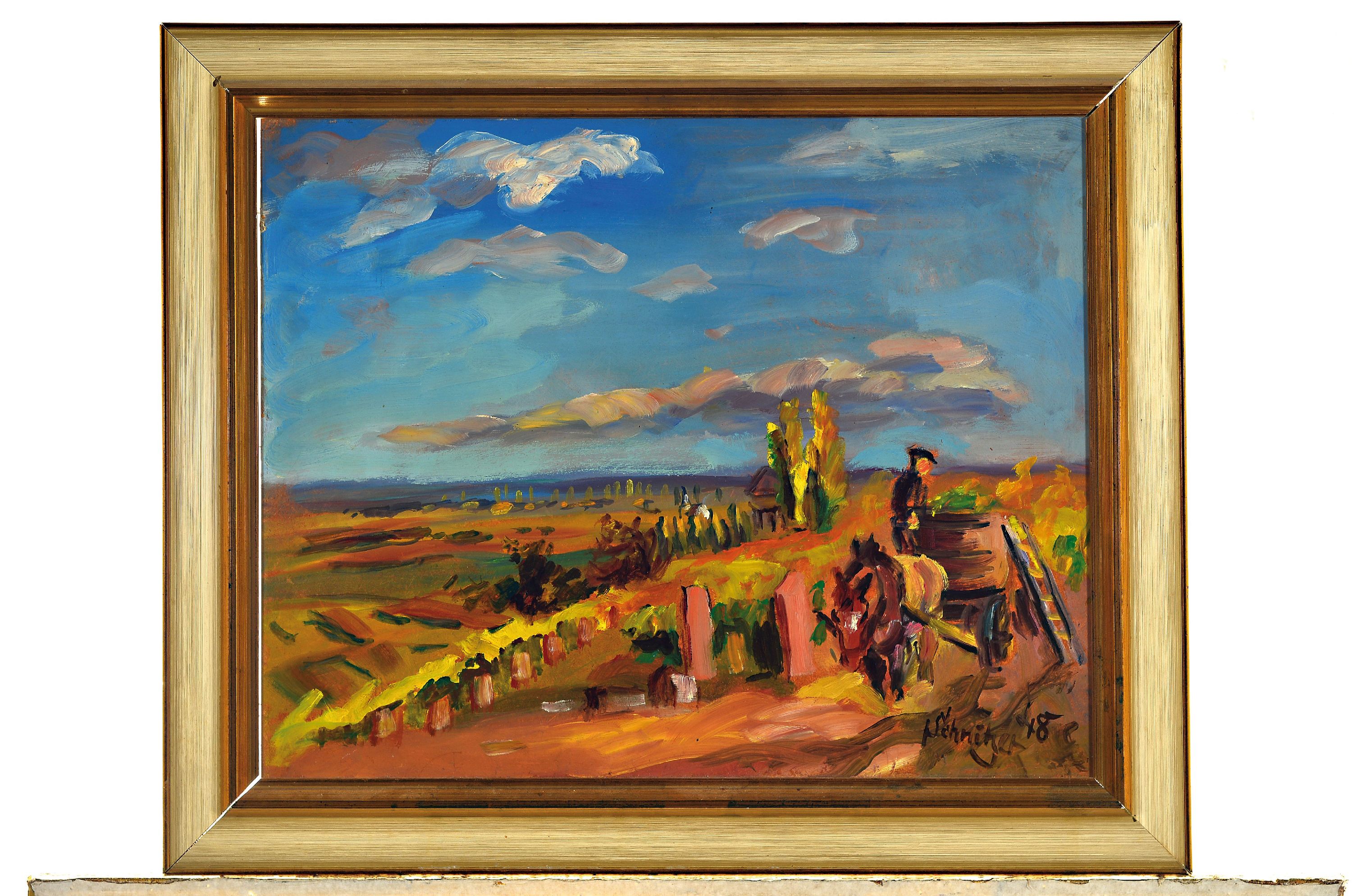 Detail k: Fritz Schnitzer, 1914-1976 Ludwigshafen, Pfälzer Weinlese, rechts unten signiert und datiert 1948, Öl/Masonit, 40x50 cm, Rahmen 51x61 cm