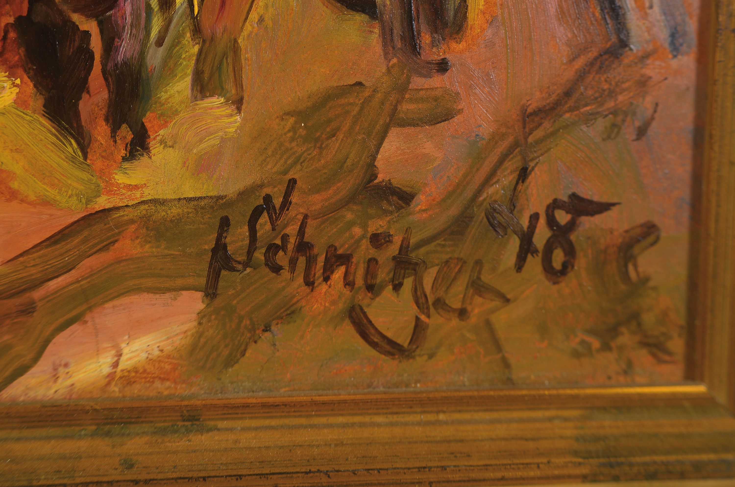 Detail l: Fritz Schnitzer, 1914-1976 Ludwigshafen, Pfälzer Weinlese, rechts unten signiert und datiert 1948, Öl/Masonit, 40x50 cm, Rahmen 51x61 cm