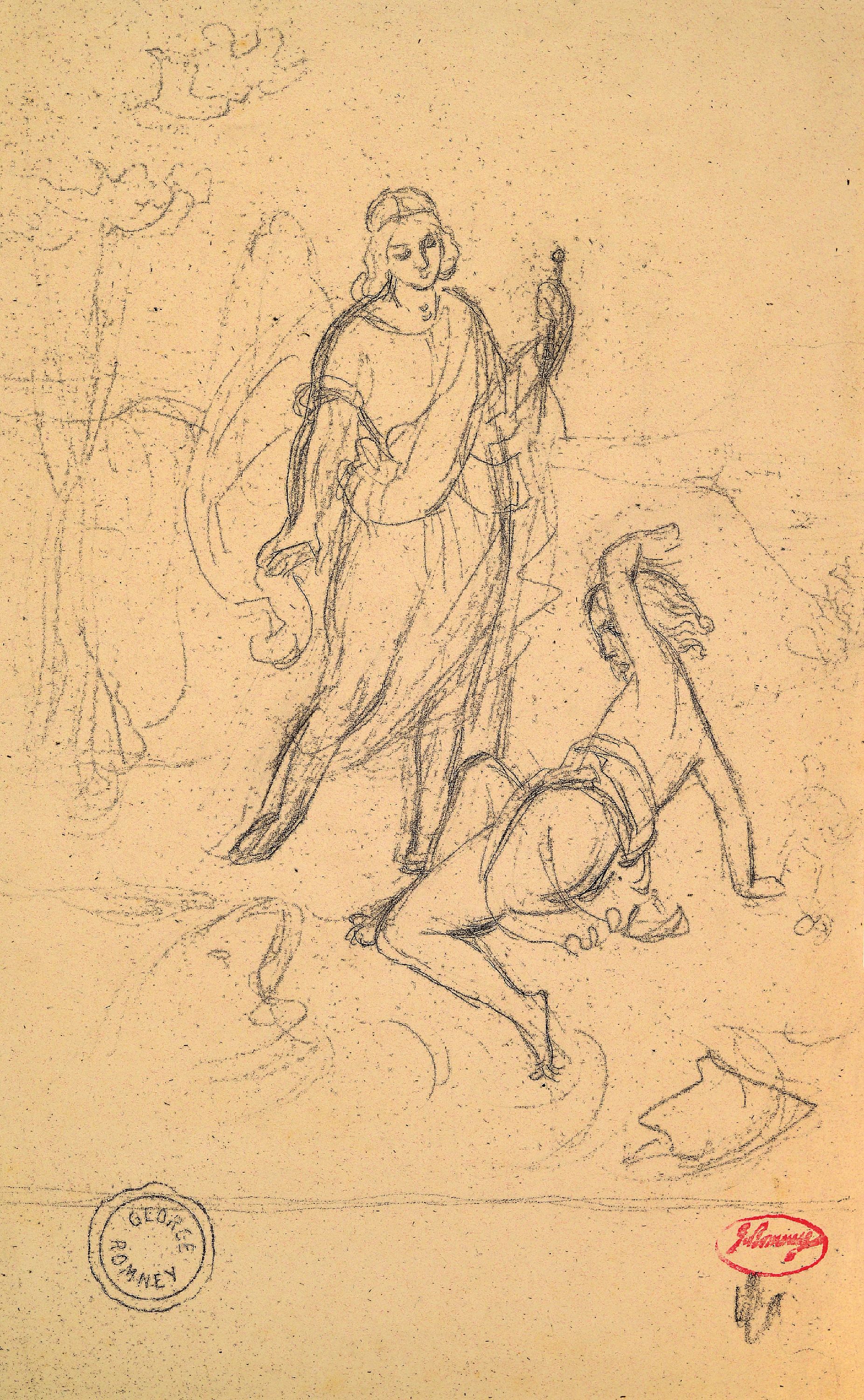 Image 26930447 - George Romney, 1734-1802, Studienblatt mit 2 Personen, Bleistift auf Papier, rechts ...