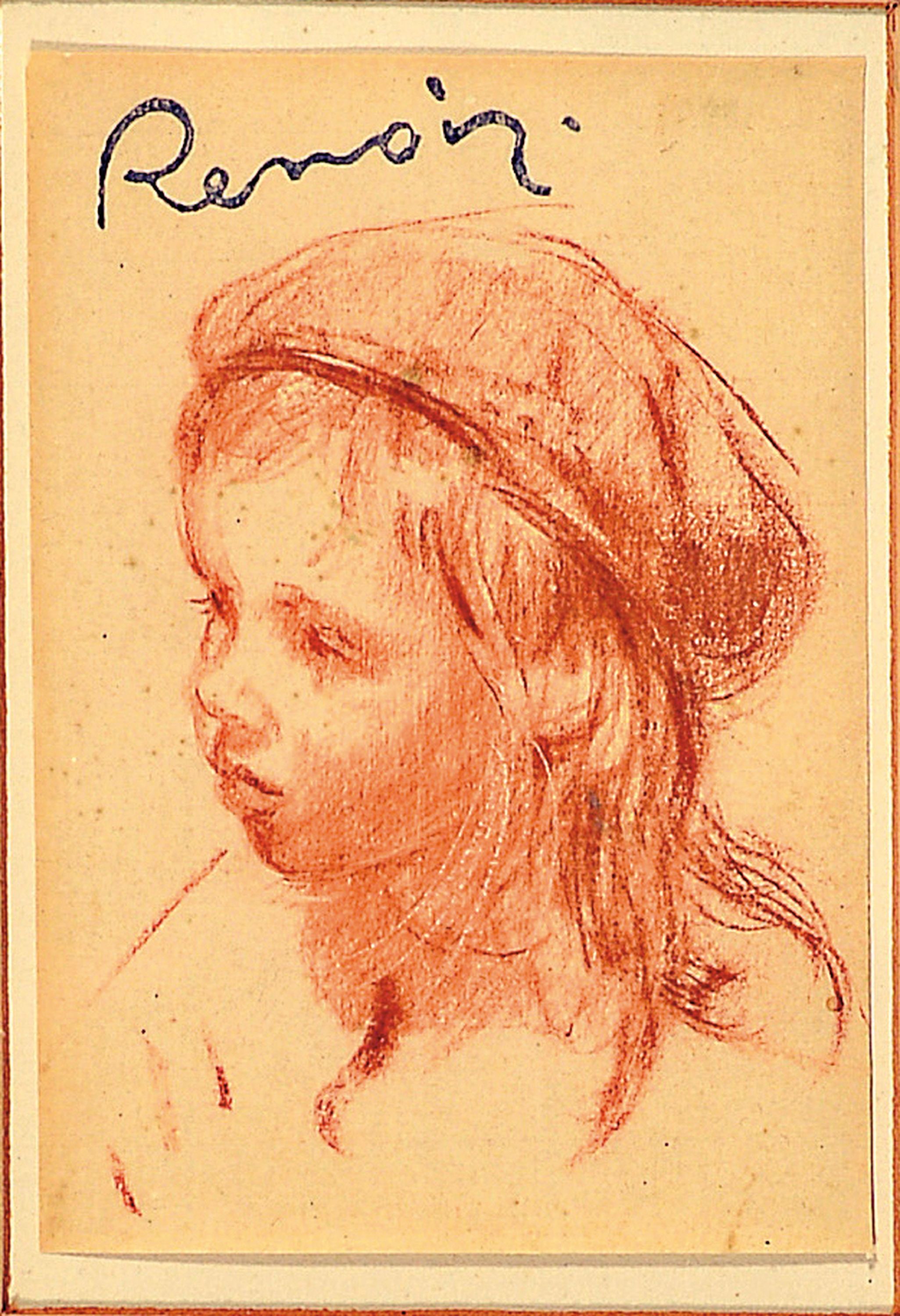 Zuschreibung: Pierre Auguste Renoir, 1841-1919, Tete de jeune fille, Rötelzeichnung auf Papier, links oben Stempel: Renoir (Lugt 2137 b), ca. ...