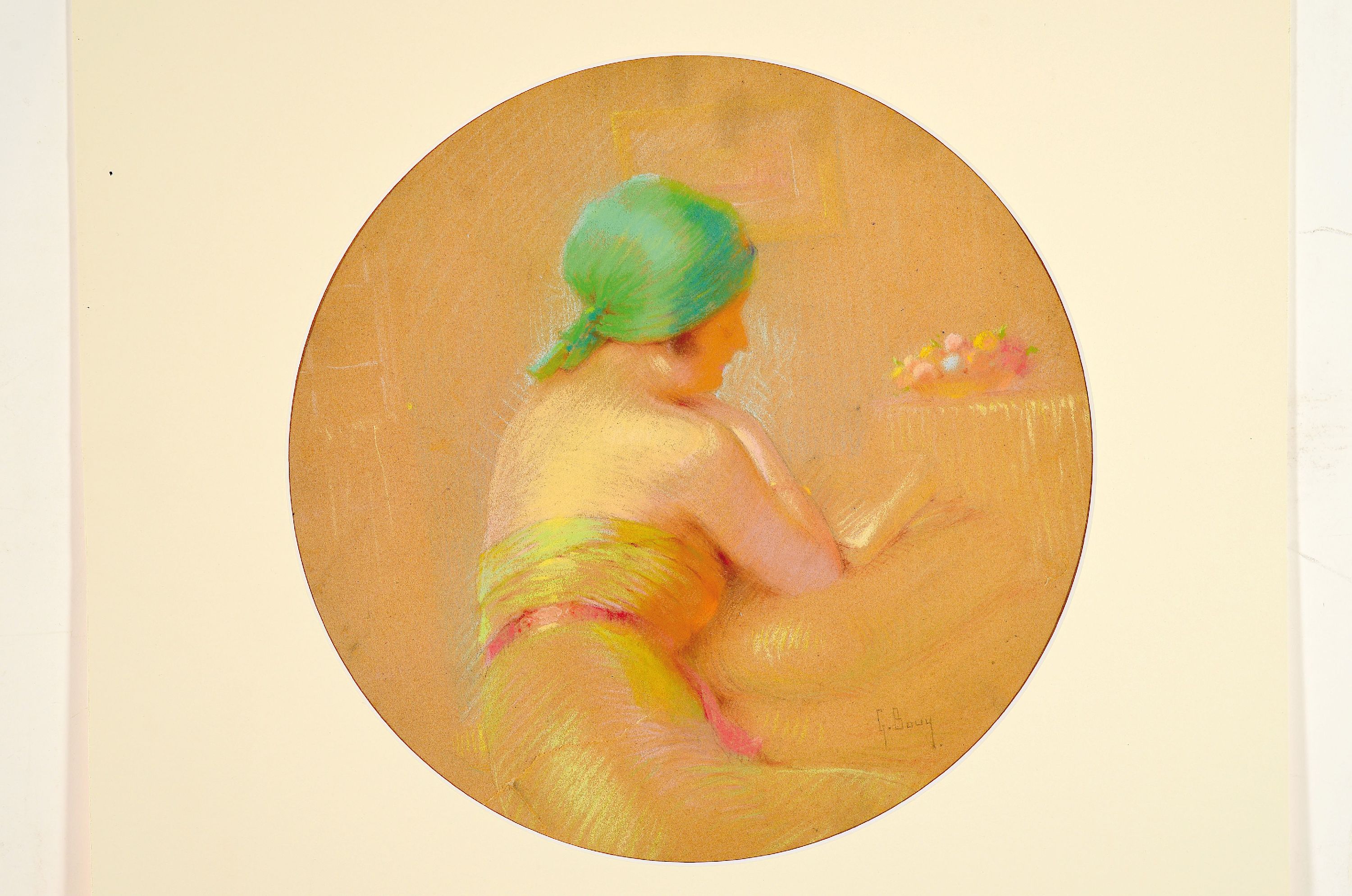 Detail k: Gaston Bouy, 1866-1943, jeune femme lisant, lesende Dame, Pastell auf Papier, rechts unten signiert, mehrere Risse und Beschädigungen, von hinten ...