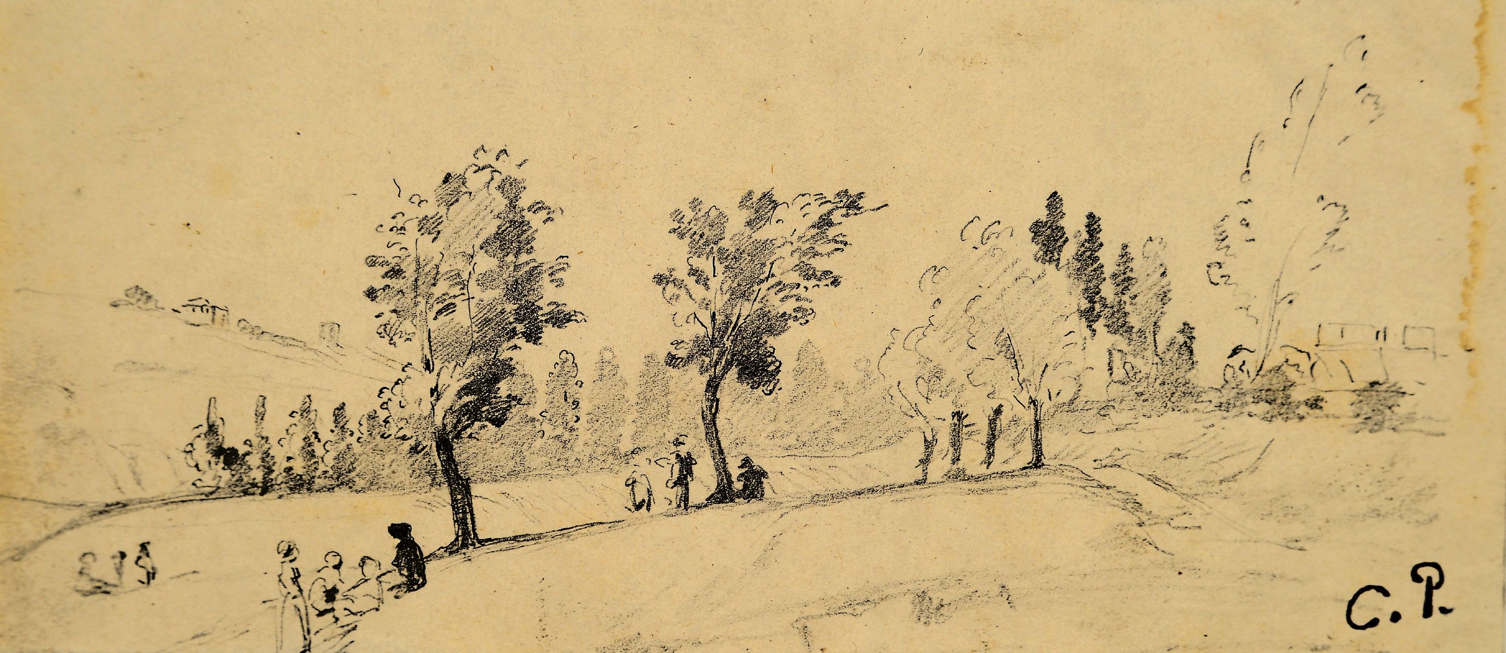 Camille Pissarro, 1830-1903, Paysage avec personnages, Bleistiftzeichnung auf Papier, rechts unten gestempelt C.P. (Lugt 613e), ca. 6.5x14.5cm, PP