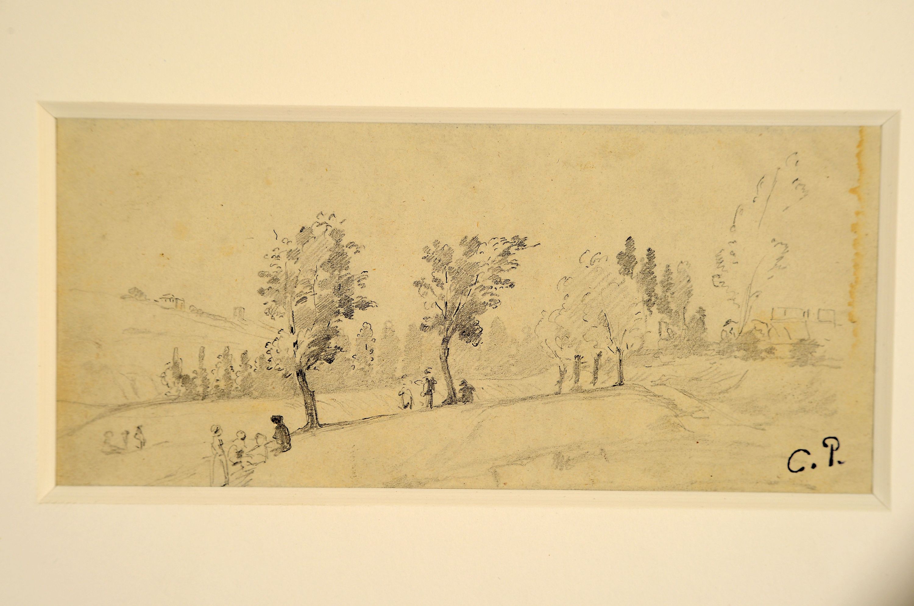 Detail k: Camille Pissarro, 1830-1903, Paysage avec personnages, Bleistiftzeichnung auf Papier, rechts unten gestempelt C.P. (Lugt 613e), ca. 6.5x14.5cm, PP