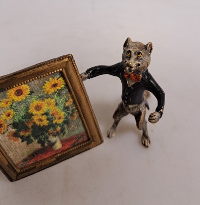26930736b - Wolf im Frack mit Gemälde nach Claude Monet, Wiener Bronze, sign. Franz Bergmann, ...