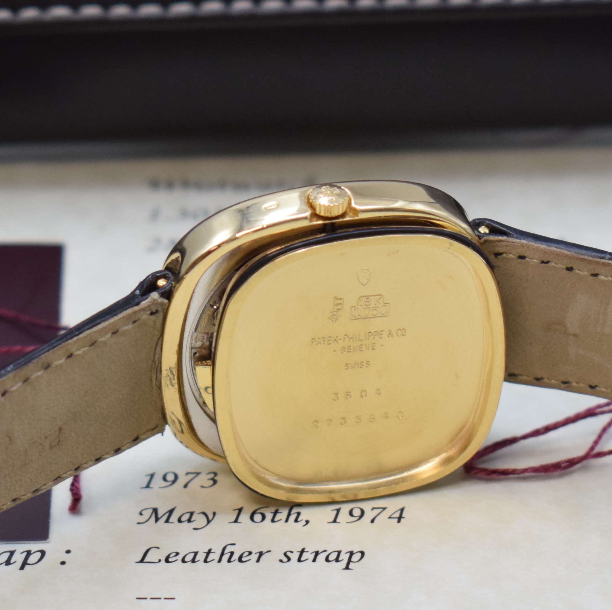 Detail g: PATEK PHILIPPE seltene Herrenarmbanduhr in GG 750/000 jumbo Ellipse D´Or "TV Screen" Referenz 3604, Automatik, Schweiz 1973, 2- teil. ...