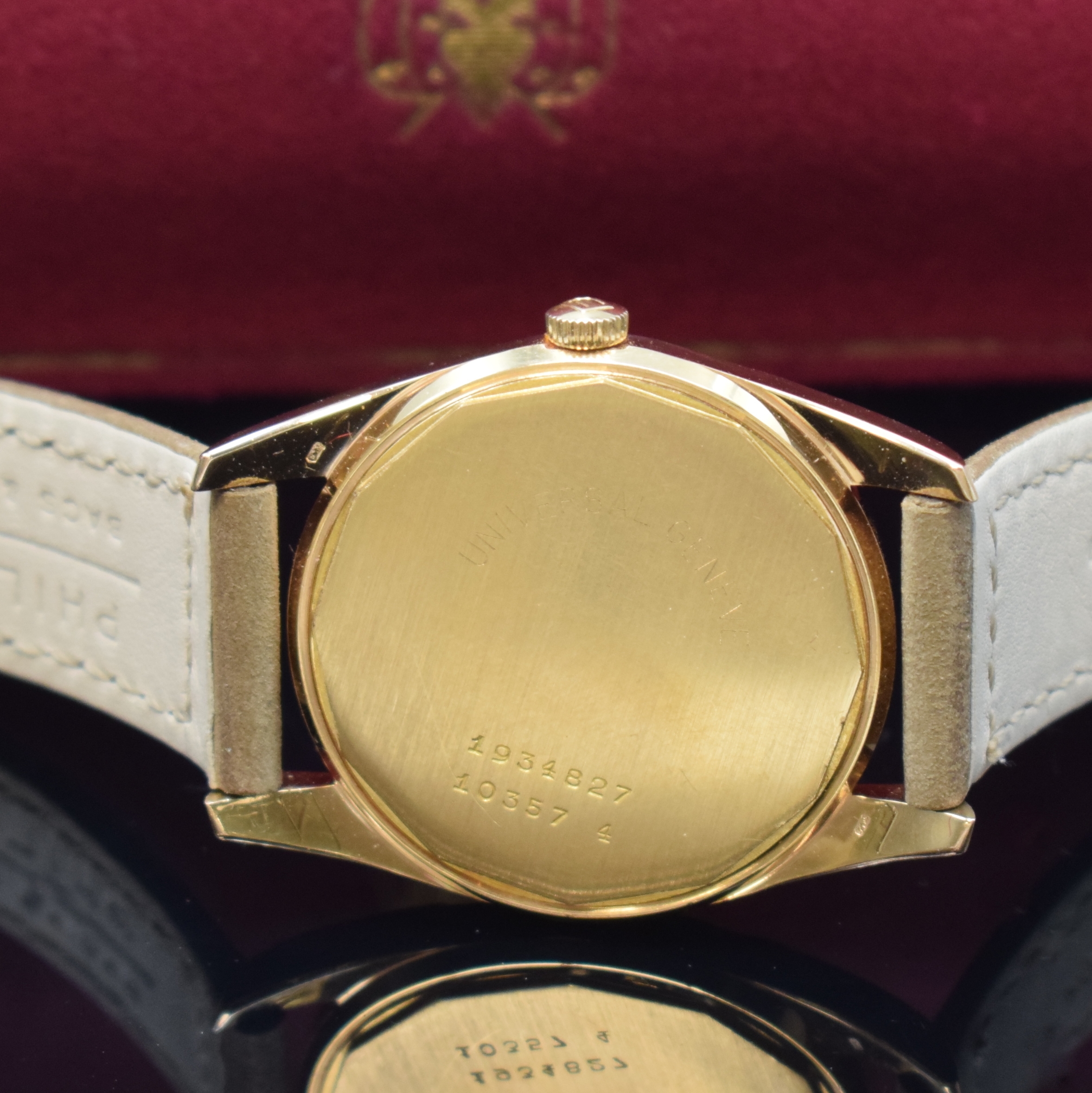 Detail e: UNIVERSAL GENEVE feine und sehr seltene Herrenarmbanduhr Polerouter De Luxe in RG 750/000 Referenz 10357 4, Automatik, Schweiz um 1957, aufw. ...