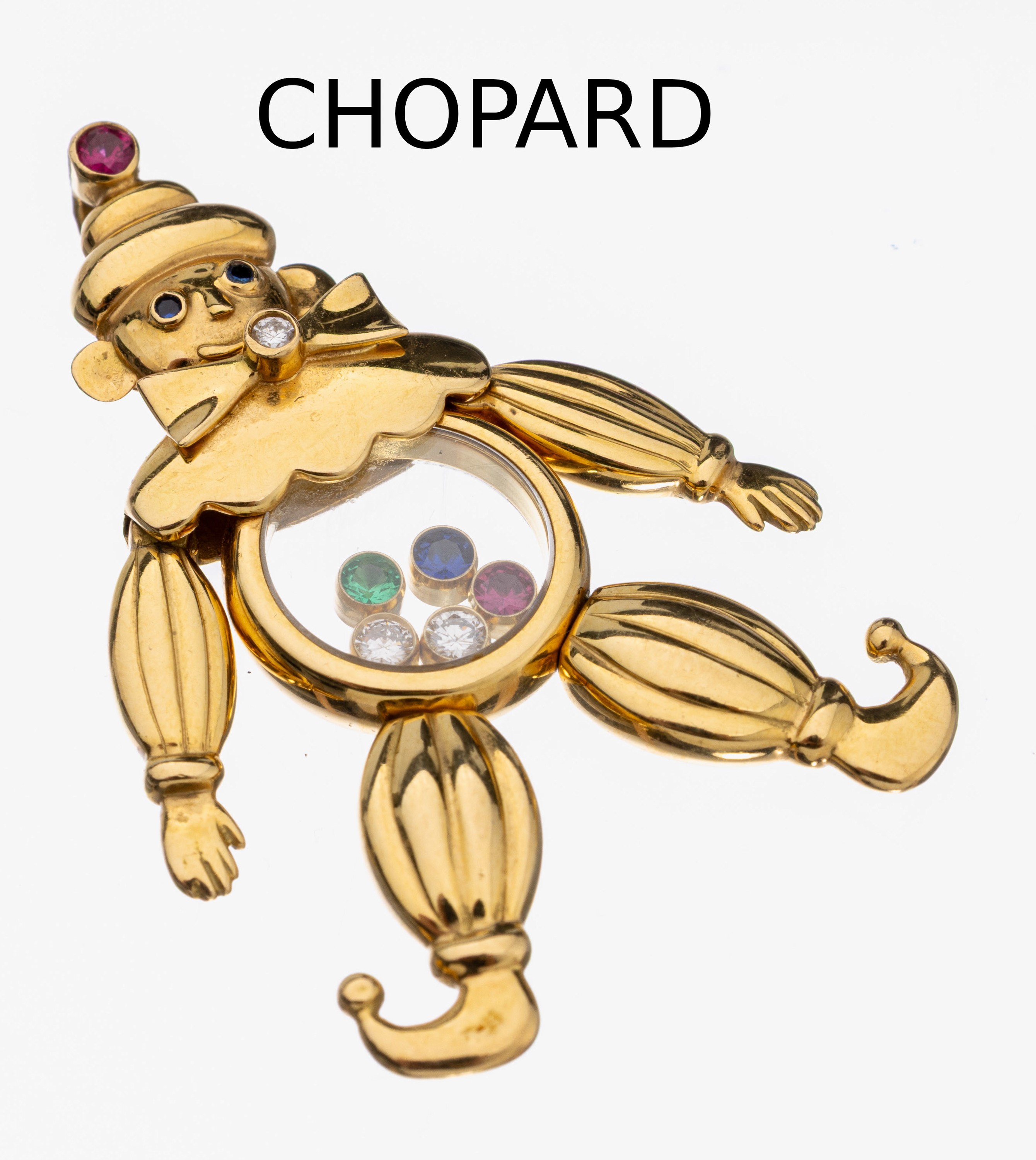 18 kt Gold CHOPARD Brillant-Rubin-Saphir- Anhänger "Hampelmann", GG 750/000, Arme, Beine und Kopf bewegl. gearbeitet, 3 Brillanten zus. ...