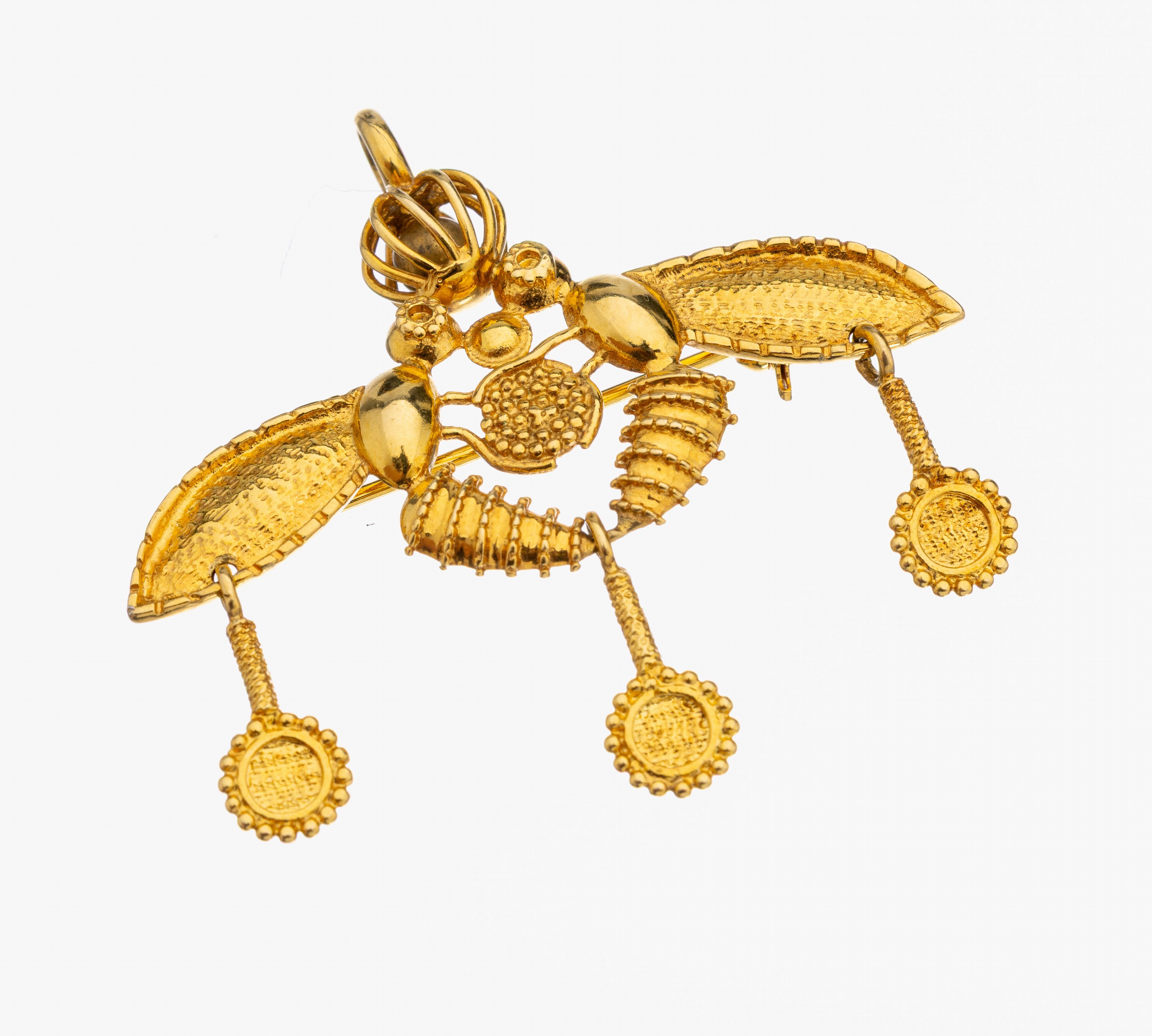 18 kt Gold Brosche/Anhänger, GG 750/000, Darstellung der Bienen von Malia, 3 bewegl. Abhängungen, ca. 4.3 x x 4 cm, ca. 6.6 g