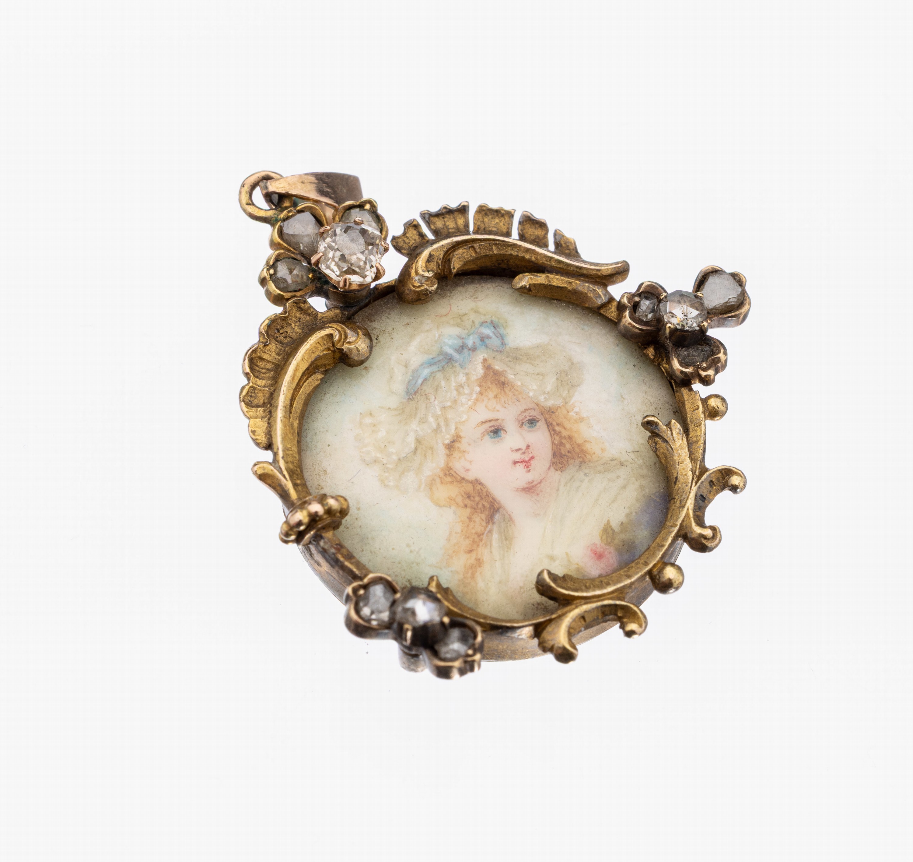 14 kt Gold Diamant-Anhänger mit Miniaturmalerei, um 1860, GG 585/000 gepr.,feine Verarbeitung, 1 Altschliffdiamant und 10Diamantrosen zus. ca. 0.30 ...