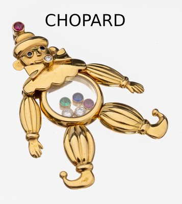 18 kt Gold CHOPARD Brillant-Rubin-Saphir- Anhänger "Hampelmann",  GG 750/000, Arme, Beine und Kopf bewegl. gearbeitet, 3 Brillanten zus. ...
