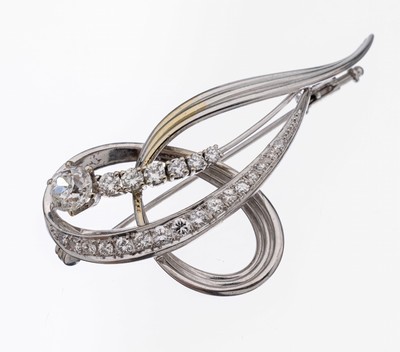 Image 26931080 - 18 kt Gold Diamant-Brosche, WG 750/000, abstrakt geschwungen, 1 ovaler ...