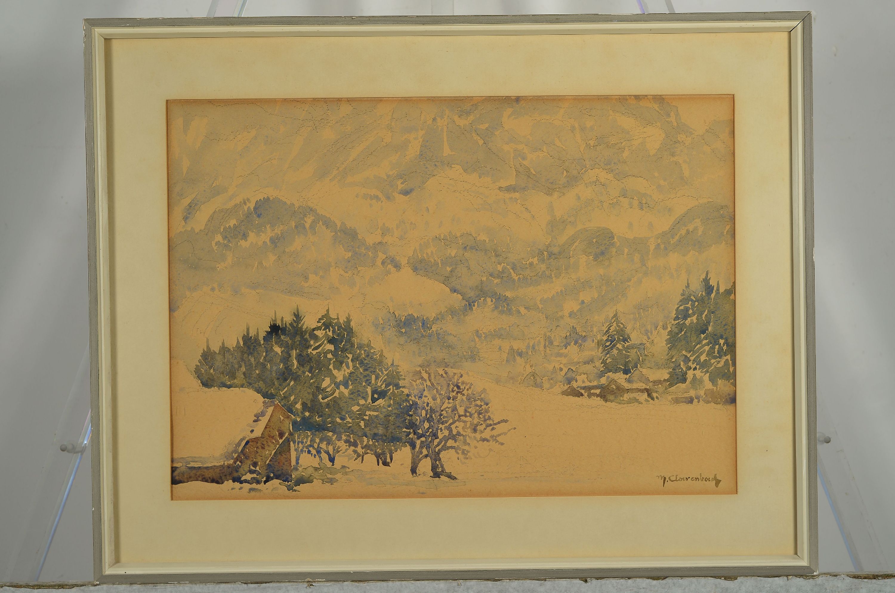 Detail k: Max Clarenbach, 1880 Neuss-1952 Wittlaer, Schnee und Nebel, rückseitig auf altem Etikett so betitelt, gewidmet und dat. 1935, rechts unten signiert, ...