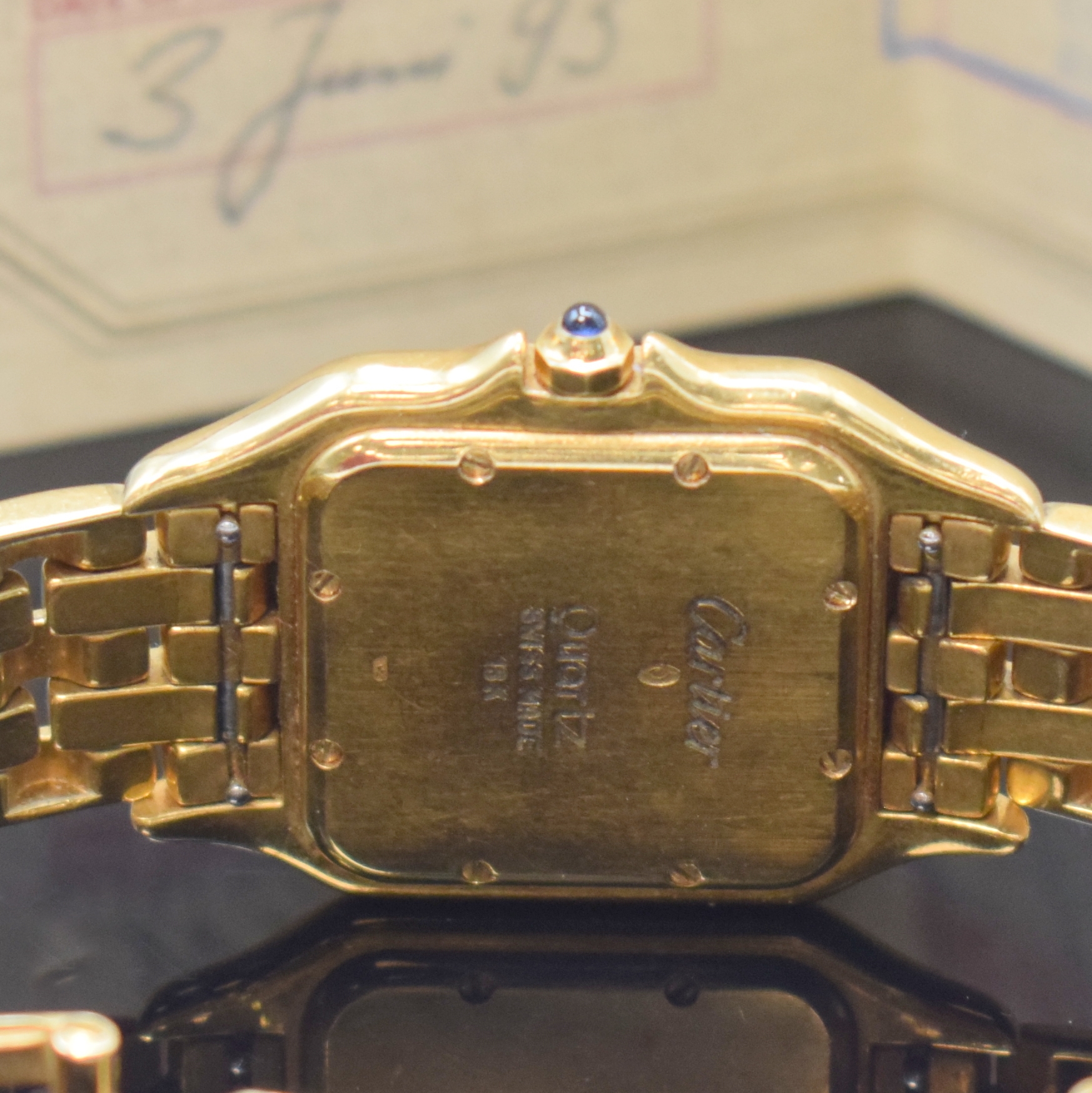 Detail d: CARTIER Panthere Damenarmbanduhr in GG 750/000, Schweiz verk. lt. beil. Garantie 06/1993, quarz, Boden 8-fach verschr., orig. Goldband m. dopp. ...