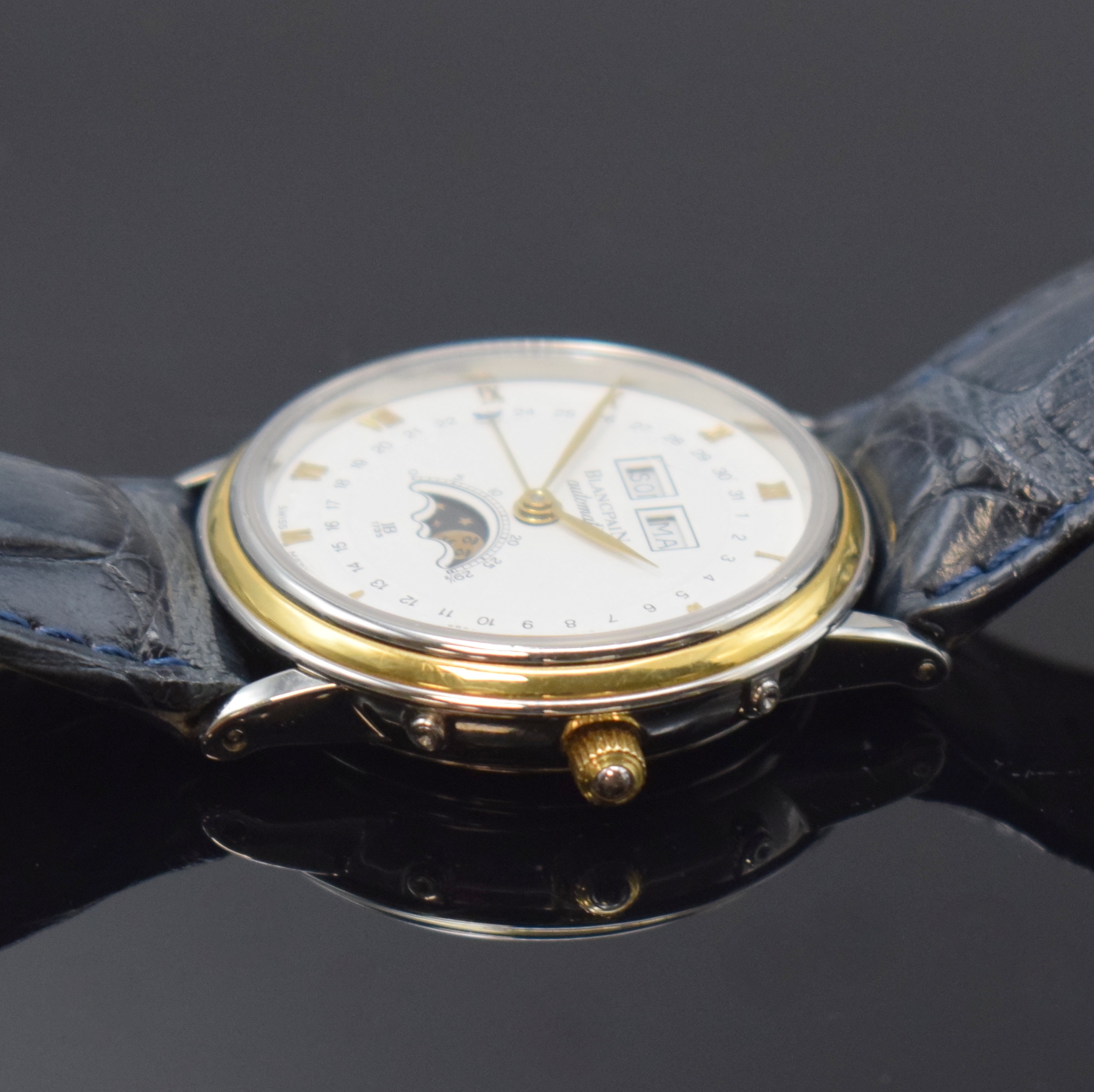 Detail c: BLANCPAIN astronomische Armbanduhr mit Vollkalenderanzeige Serie Villeret, Schweiz um 1995, Automatik, Edelstahl/Gold komb. inkl. neutr. Lederband m. ...