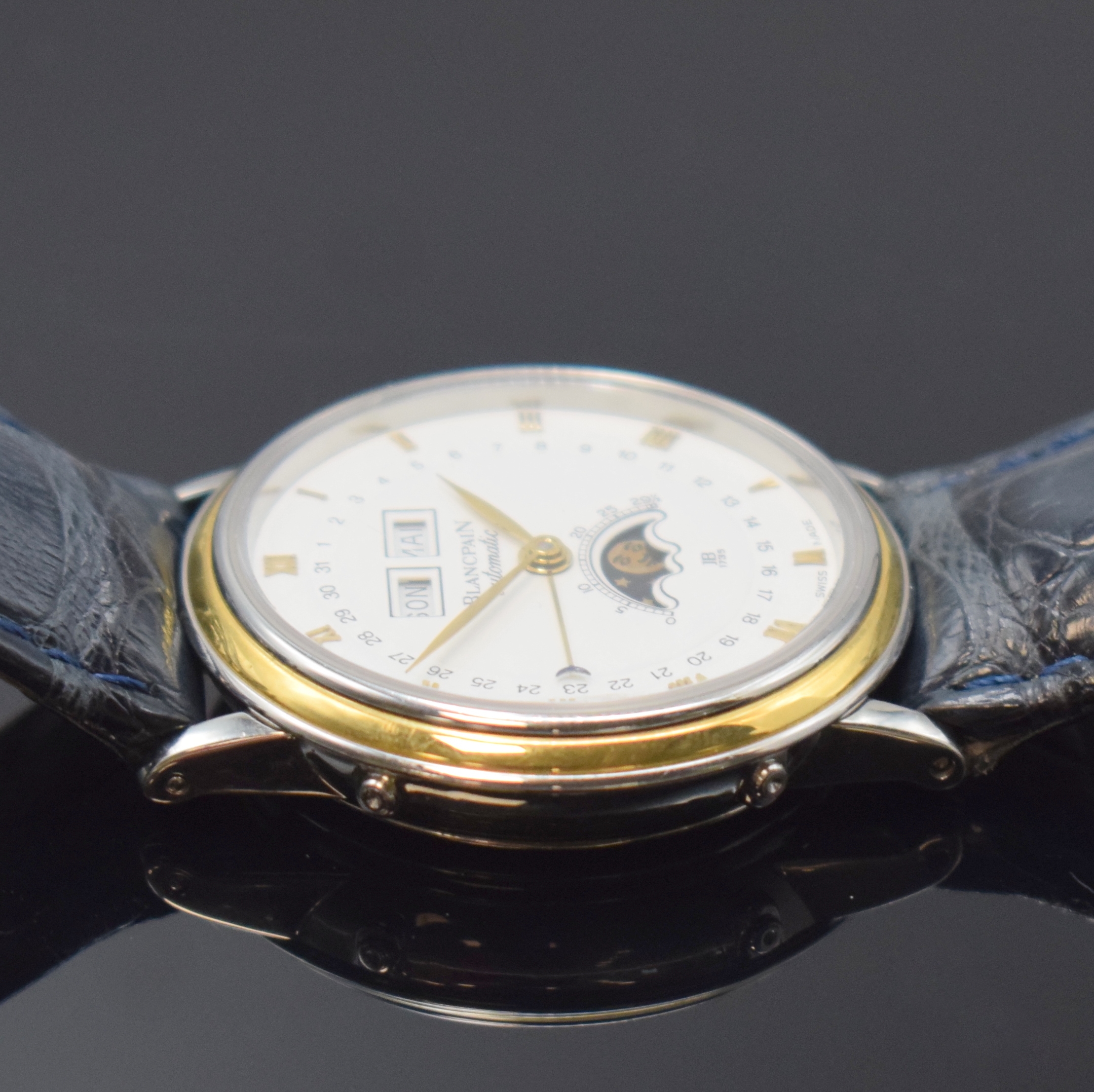 Detail d: BLANCPAIN astronomische Armbanduhr mit Vollkalenderanzeige Serie Villeret, Schweiz um 1995, Automatik, Edelstahl/Gold komb. inkl. neutr. Lederband m. ...