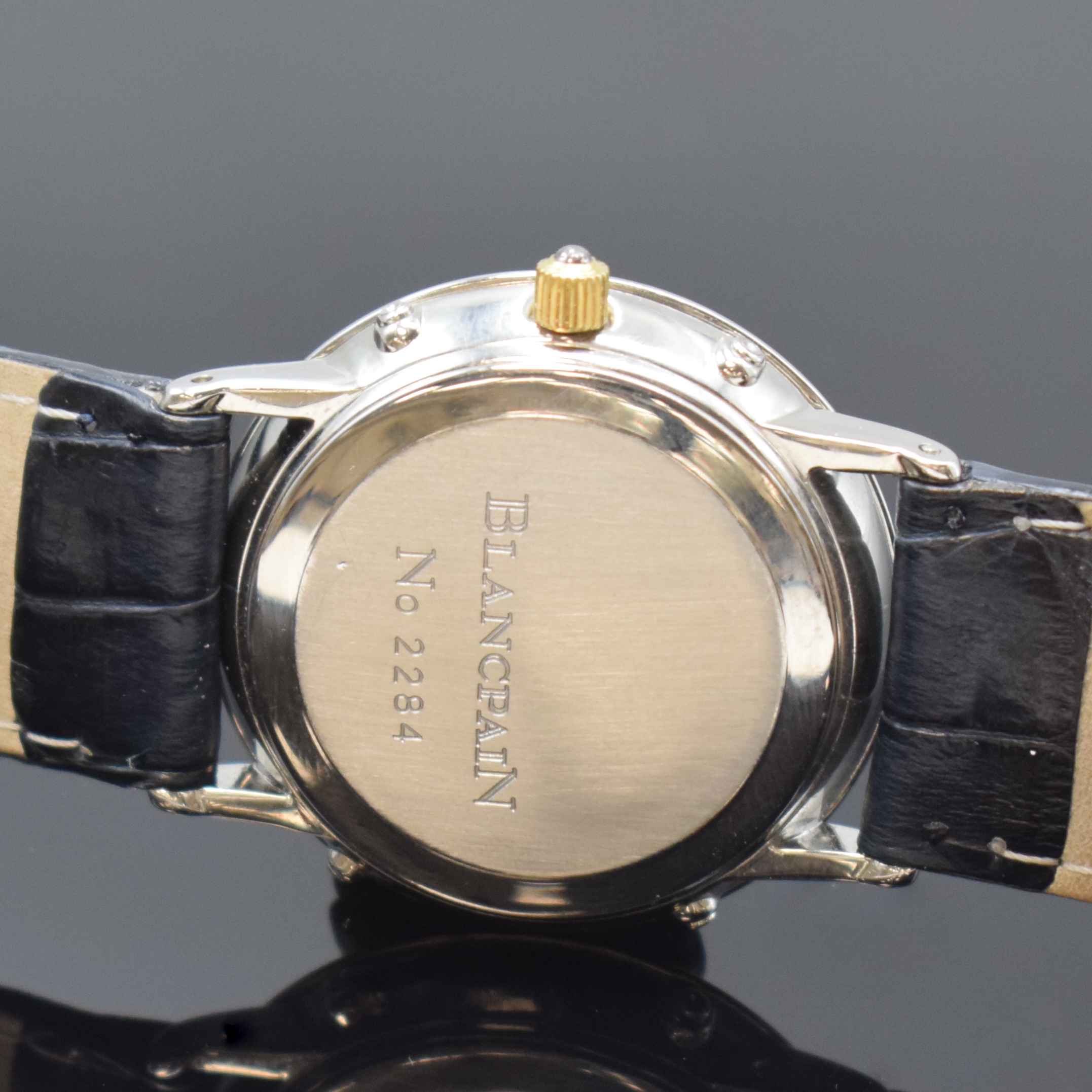 Detail e: BLANCPAIN astronomische Armbanduhr mit Vollkalenderanzeige Serie Villeret, Schweiz um 1995, Automatik, Edelstahl/Gold komb. inkl. neutr. Lederband m. ...
