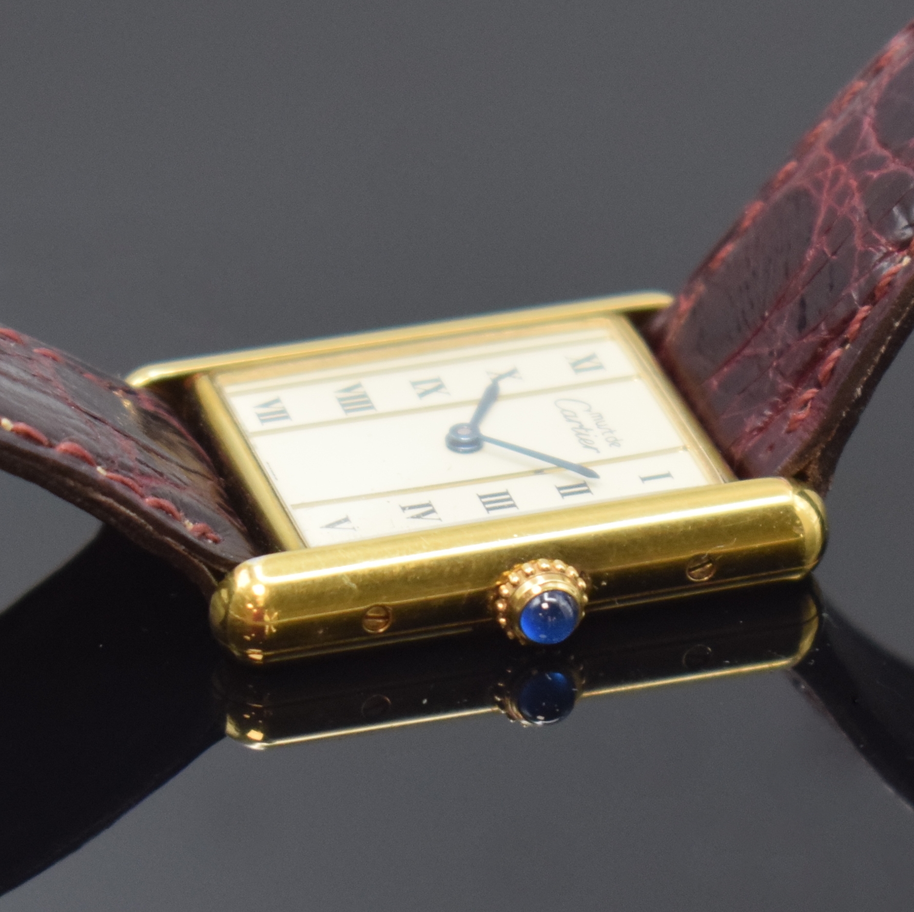Detail b: CARTIER Damenarmbanduhr Tank Vermeil Referenz 590005, Schweiz um 1990, quarz, verg. Silbergeh., Boden 4-fach verschr., Schmuckkrone, orig. Lederband ...