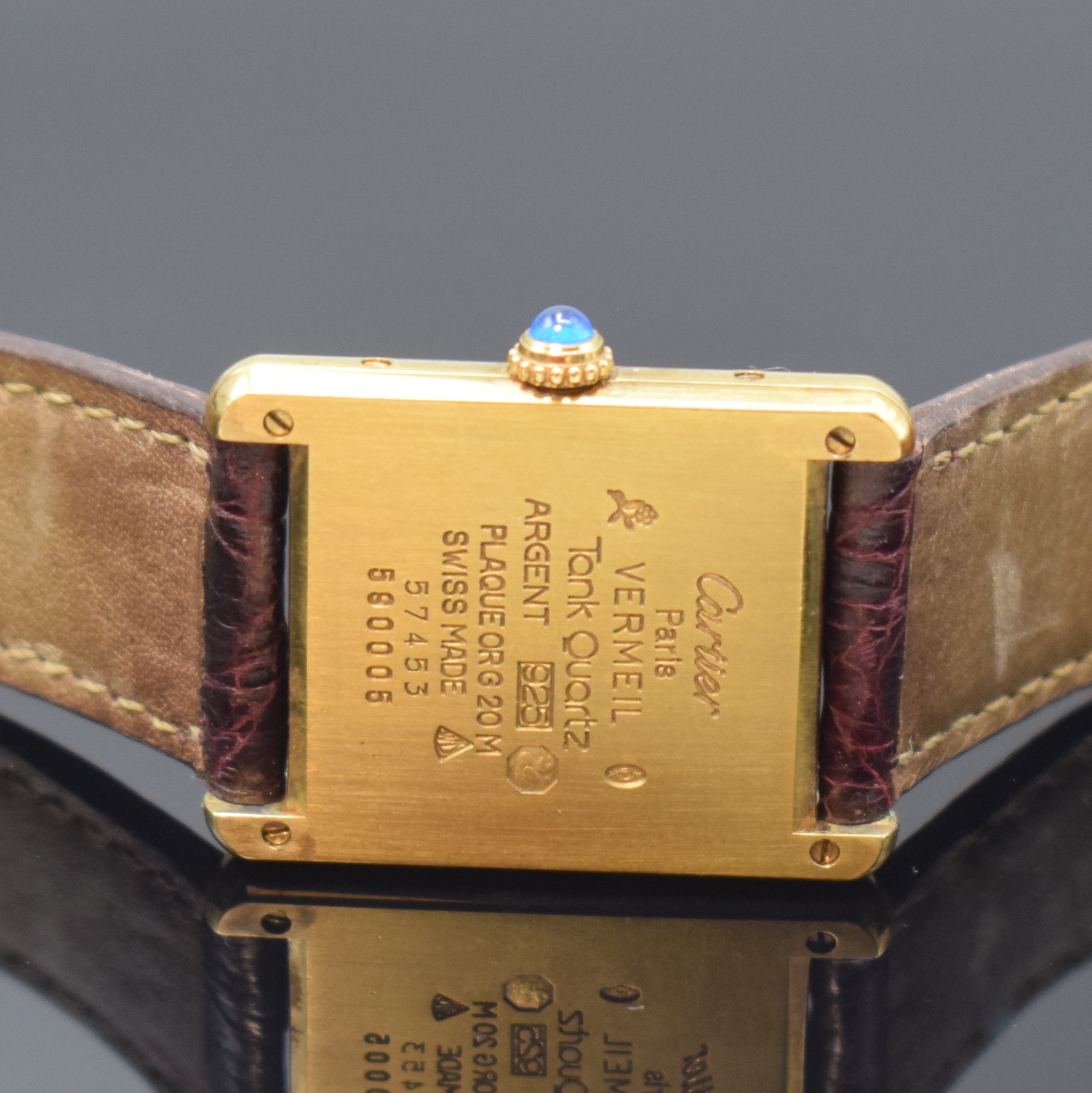 Detail c: CARTIER Damenarmbanduhr Tank Vermeil Referenz 590005, Schweiz um 1990, quarz, verg. Silbergeh., Boden 4-fach verschr., Schmuckkrone, orig. Lederband ...