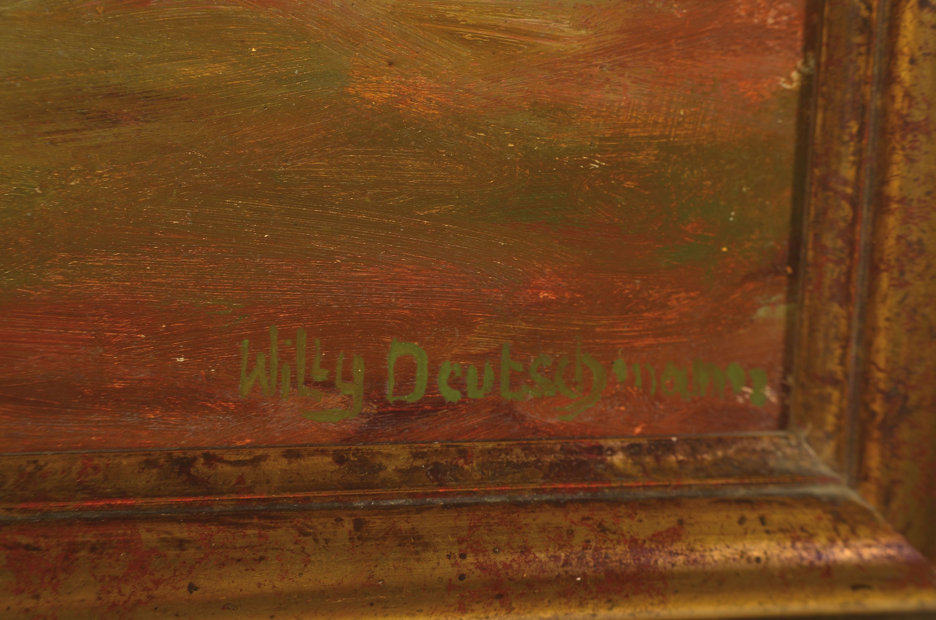 Detail l: Willy Deutschmann, 1880 Oberflörsheim - 1960 Petersbächel, üppiges Feldblumenstillleben vor Landschaft, Öl/Hartfaser, rechts unten signiert, ca. ...