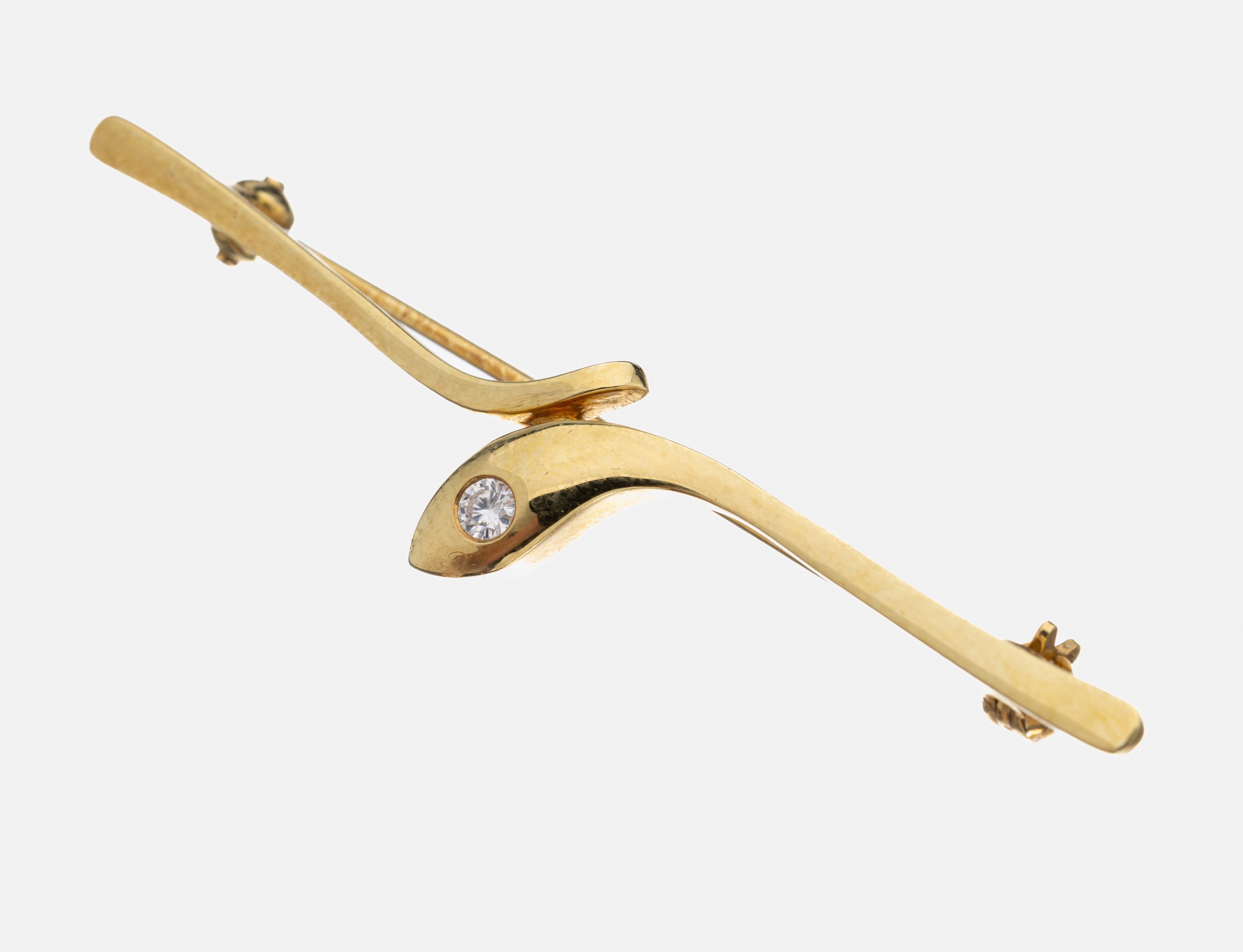 14 kt Gold Brillant-Brosche, GG 585/000, stil. Schlange, 1 Brillant ca. 0.05 ct Weiß/si, L. ca. 4.9 cm, ca. 2.5 g