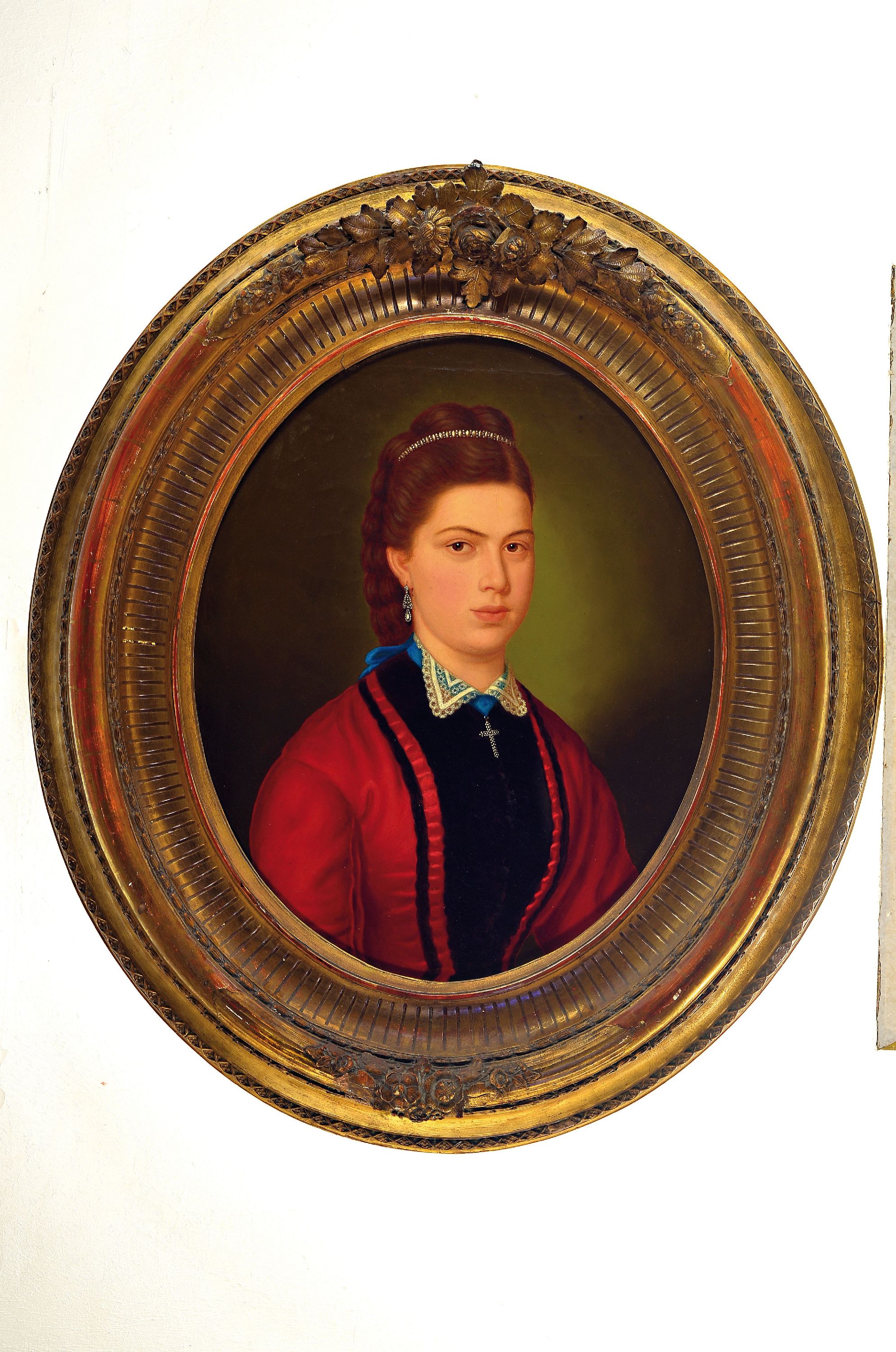 Detail k: Leonhard Rausch, 1813 Jülich-1895 Düsseldorf, Damenbildnis, Bruststück in Dreiviertelansicht, junge Frau mit Spitzenkragen, zeittyp. Haarreif, ...