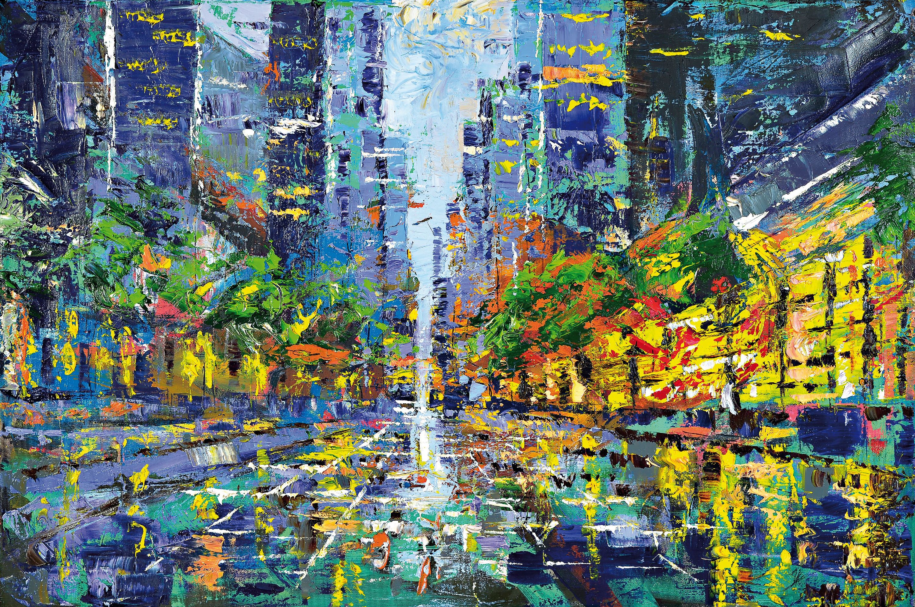 Yves-Marcel Münch, geb. 1994, zeitgenössischer Künstler in Wiesloch, Stadtansicht bei Nacht, Öl/Lwd, rückseitig signiert, ca. 60x 90cm