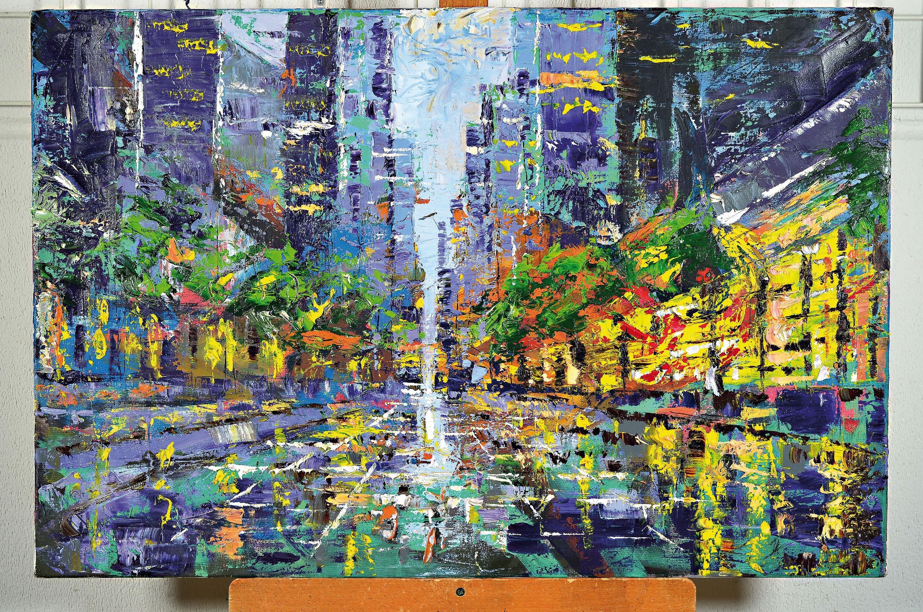 Detail k: Yves-Marcel Münch, geb. 1994, zeitgenössischer Künstler in Wiesloch, Stadtansicht bei Nacht, Öl/Lwd, rückseitig signiert, ca. 60x 90cm