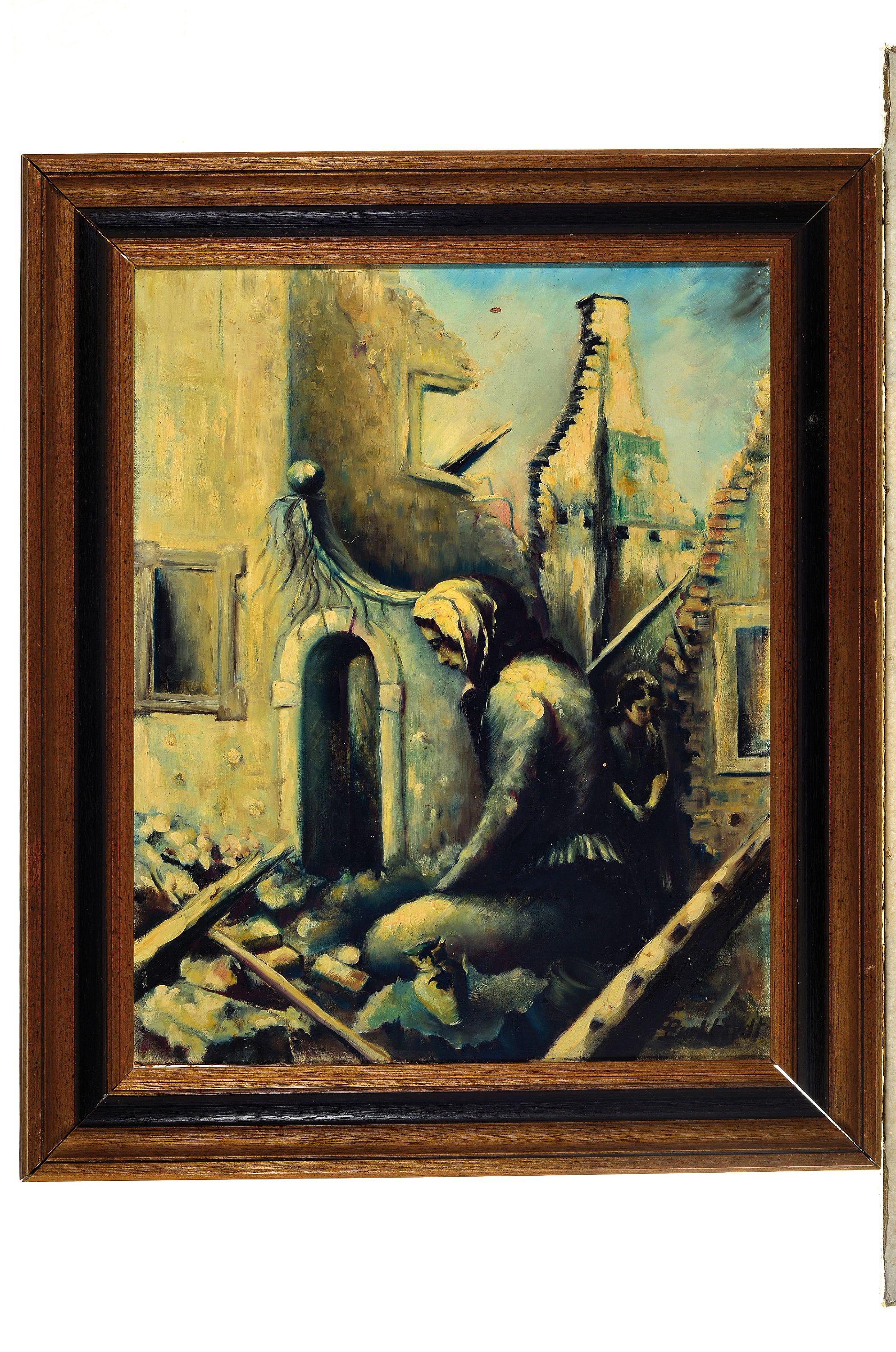 Detail k: Burkhardt, Trümmerfrau in der zerstörten Stadt, Öl/Lwd, rechts unten sign., ca. 50x40cm, R. ca. 63x 53cm