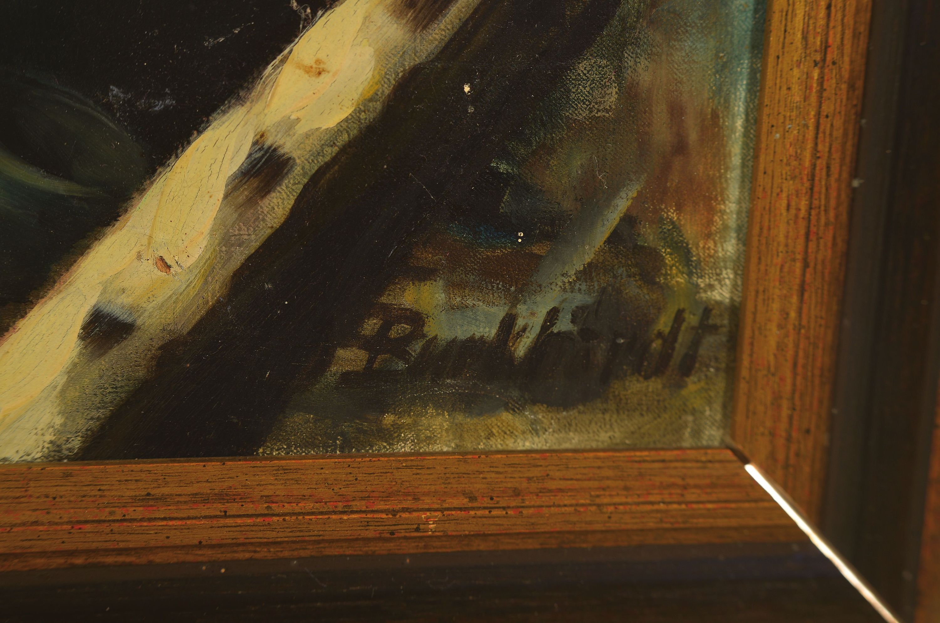 Detail l: Burkhardt, Trümmerfrau in der zerstörten Stadt, Öl/Lwd, rechts unten sign., ca. 50x40cm, R. ca. 63x 53cm