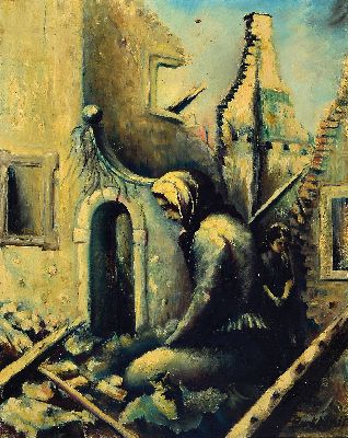 Image 26932894 - Burkhardt, Trümmerfrau in der zerstörten Stadt, Öl/Lwd, rechts unten ...