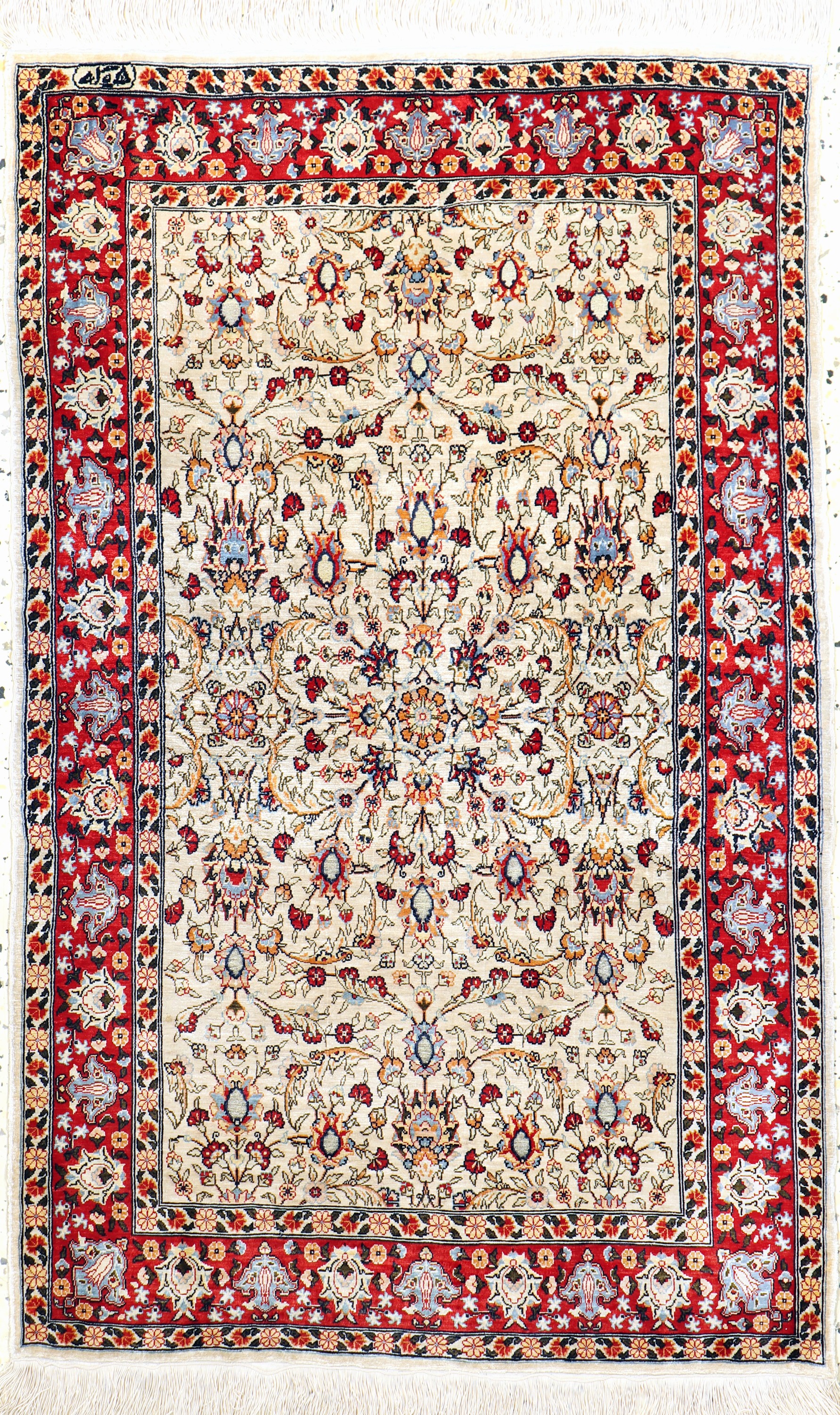Hereke Seide signiert, Türkei, Mitte 20.Jhd, reine Naturseide"Metallbroschiert", ca. 105 x 67 cm, EHZ: 2