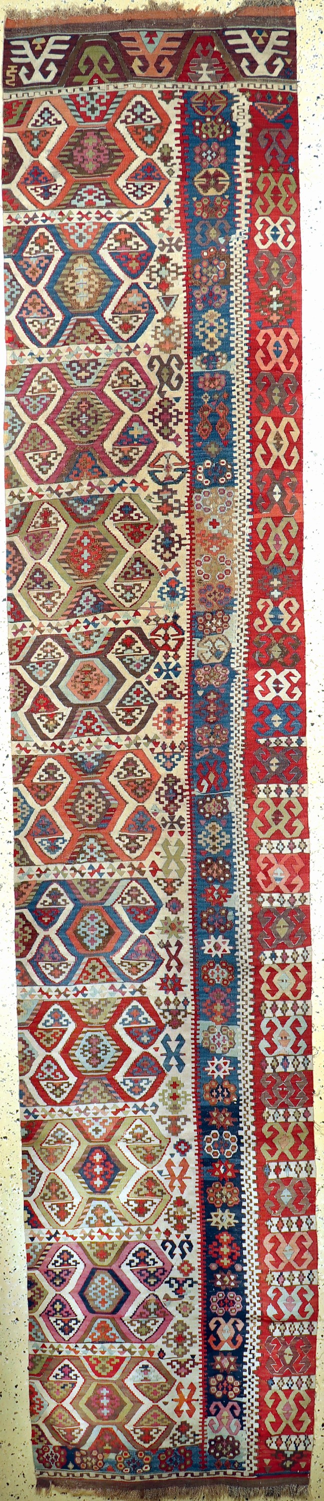 Konya Kelim antik(1 Bahn), Türkei, 19.Jhd, Wolle auf Wolle, ca. 415 x 80 cm, EHZ: 3