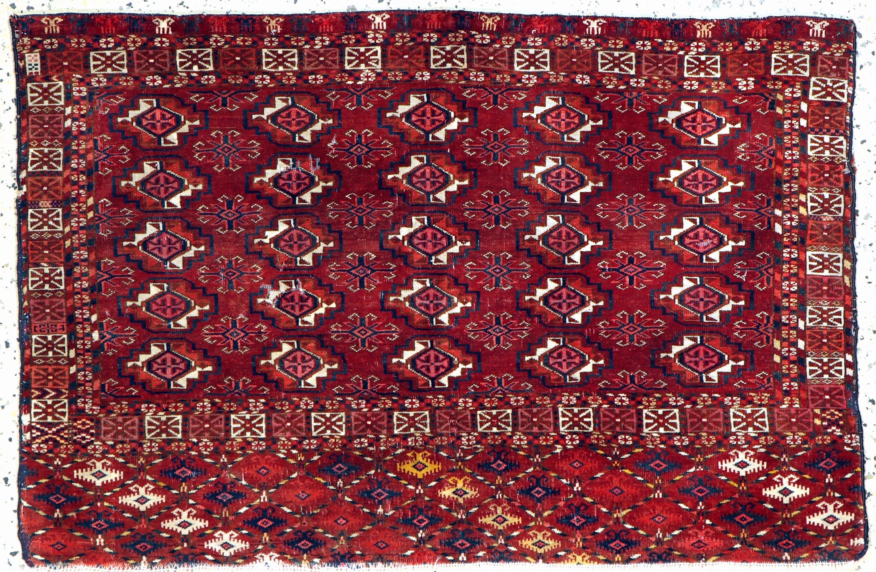 Tekke Tschowal antik, Turkmenistan, 19.Jhd,Wolle auf Wolle, ca. 110 x 72 cm, Mottenfraß, EHZ: 3
