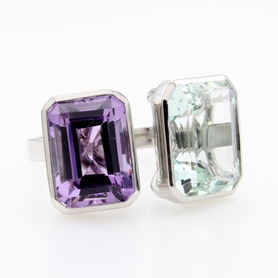 Image Ring mit Farbsteinen, WG 585/000, rechteckiger Aquamarin ca. 11.95 ct, Amethyst ca. 5.65 ...