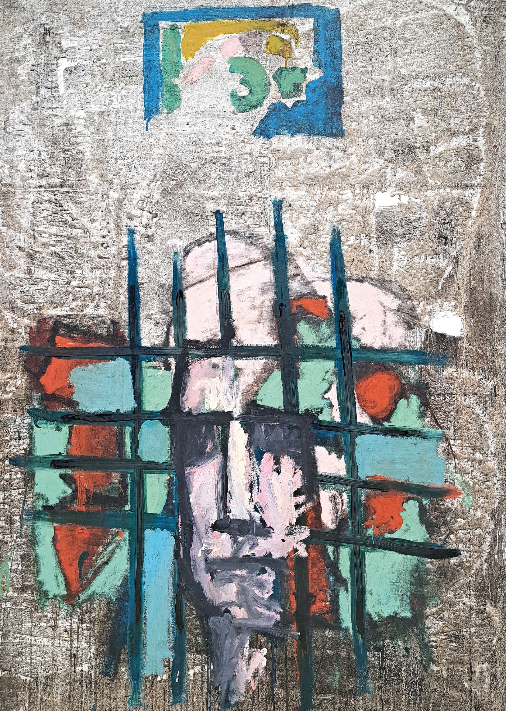Detail k: Heinz Morszoeck, geb. 1961 Fröndenberg, "Portrait Hindernis", großformatige Komposition einer Figur hinter Gittern, rechtsoben ...