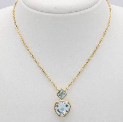 26933538a - Anhänger mit Blautopas und Aquamarin an Kette, GG 585/000, Blautopas (beh.) im ...