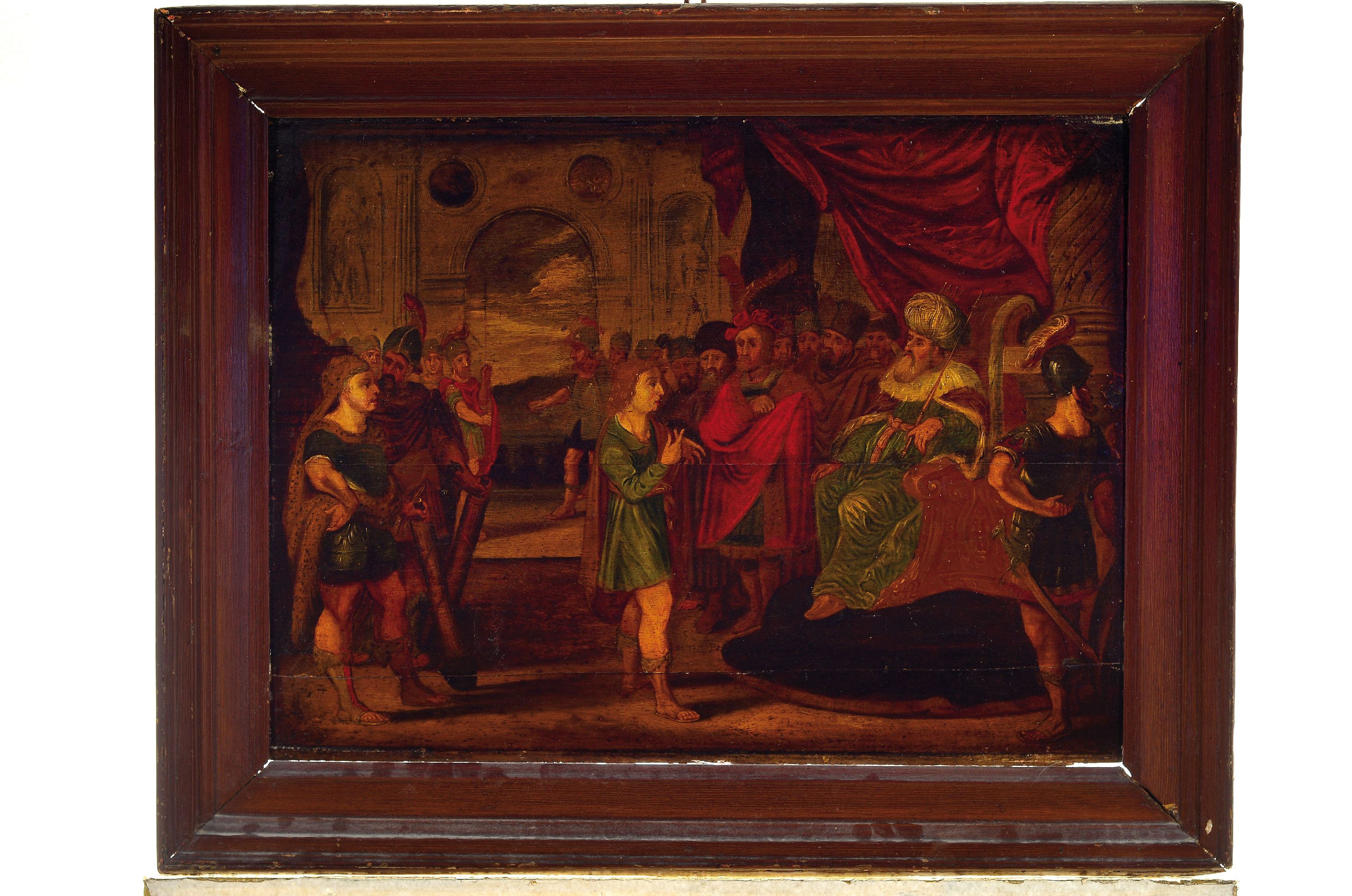 Detail k: Unbekannter Barockmaler, 18.Jh., salomonisches Urteil, Öl/Holz, Schwundrissig und Platte im unteren Sechstel gebrochen, 47x63 cm, Rahmen 62x77 cm