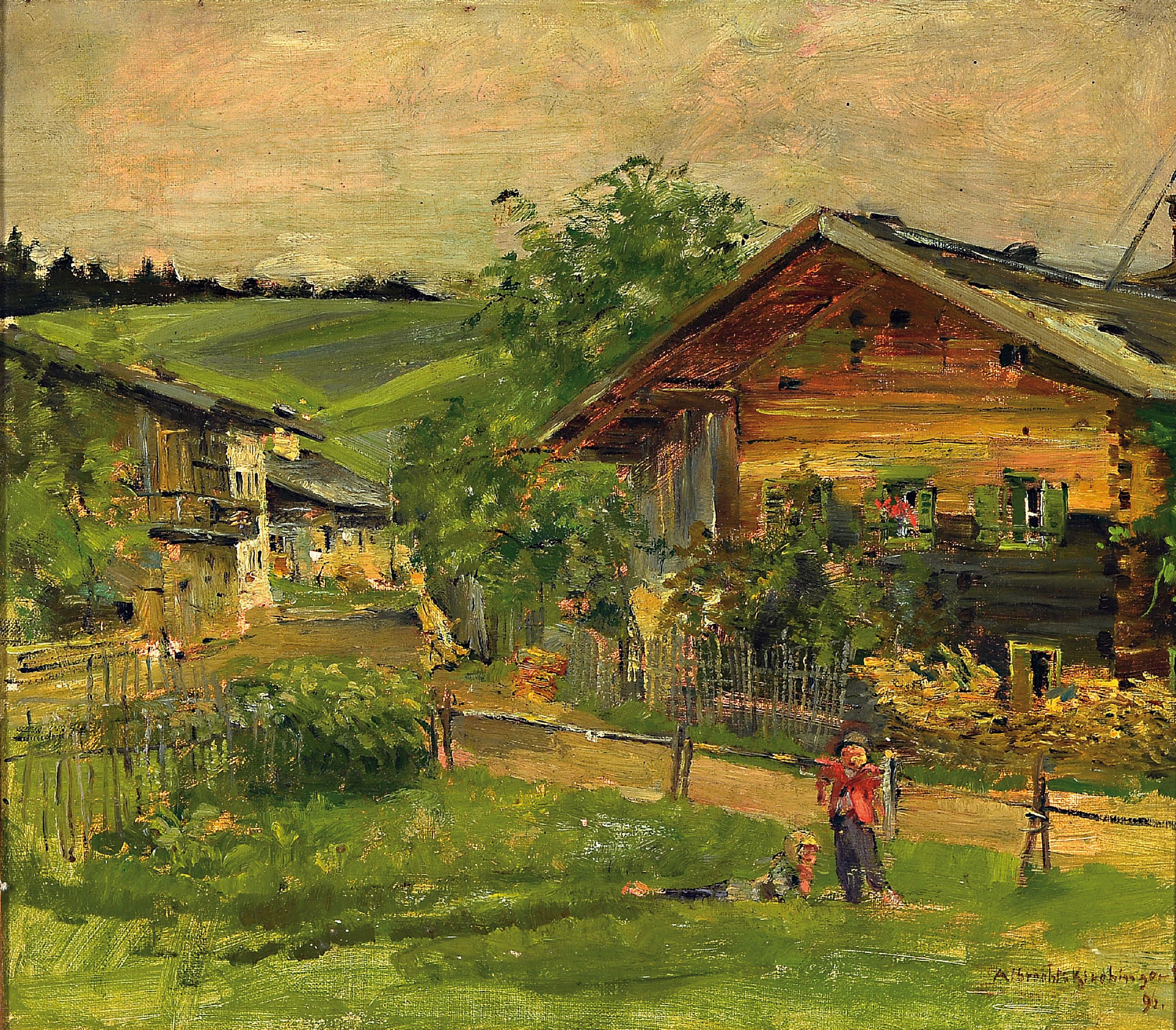 Albrecht Kirchinger, Künstler der Jahrhundertwende, datiert 1892, oberbayerische Sommerlandschaft mit Bauernhäusern, rechts unten signiert und ...