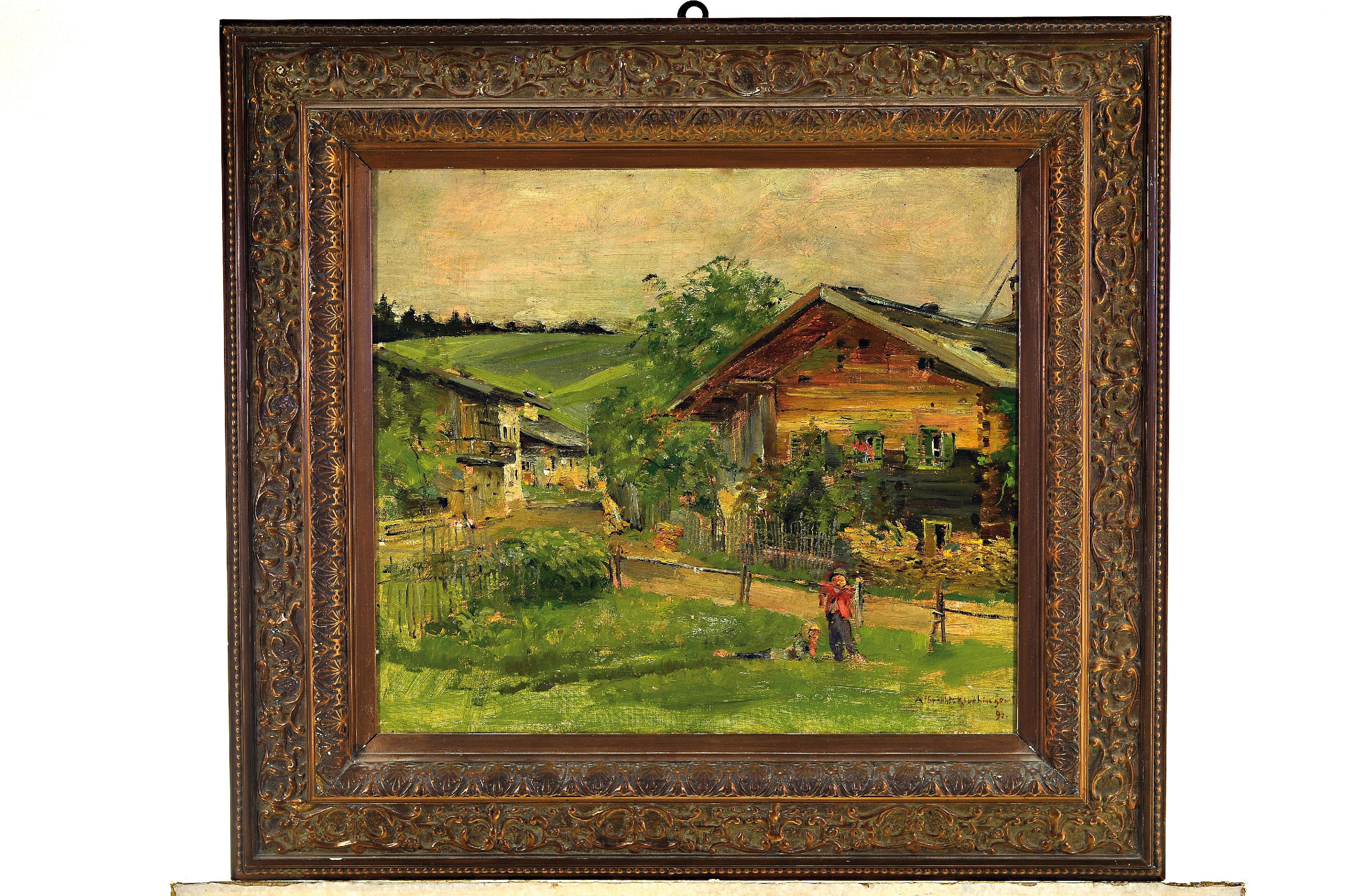 Detail k: Albrecht Kirchinger, Künstler der Jahrhundertwende, datiert 1892, oberbayerische Sommerlandschaft mit Bauernhäusern, rechts unten signiert und ...