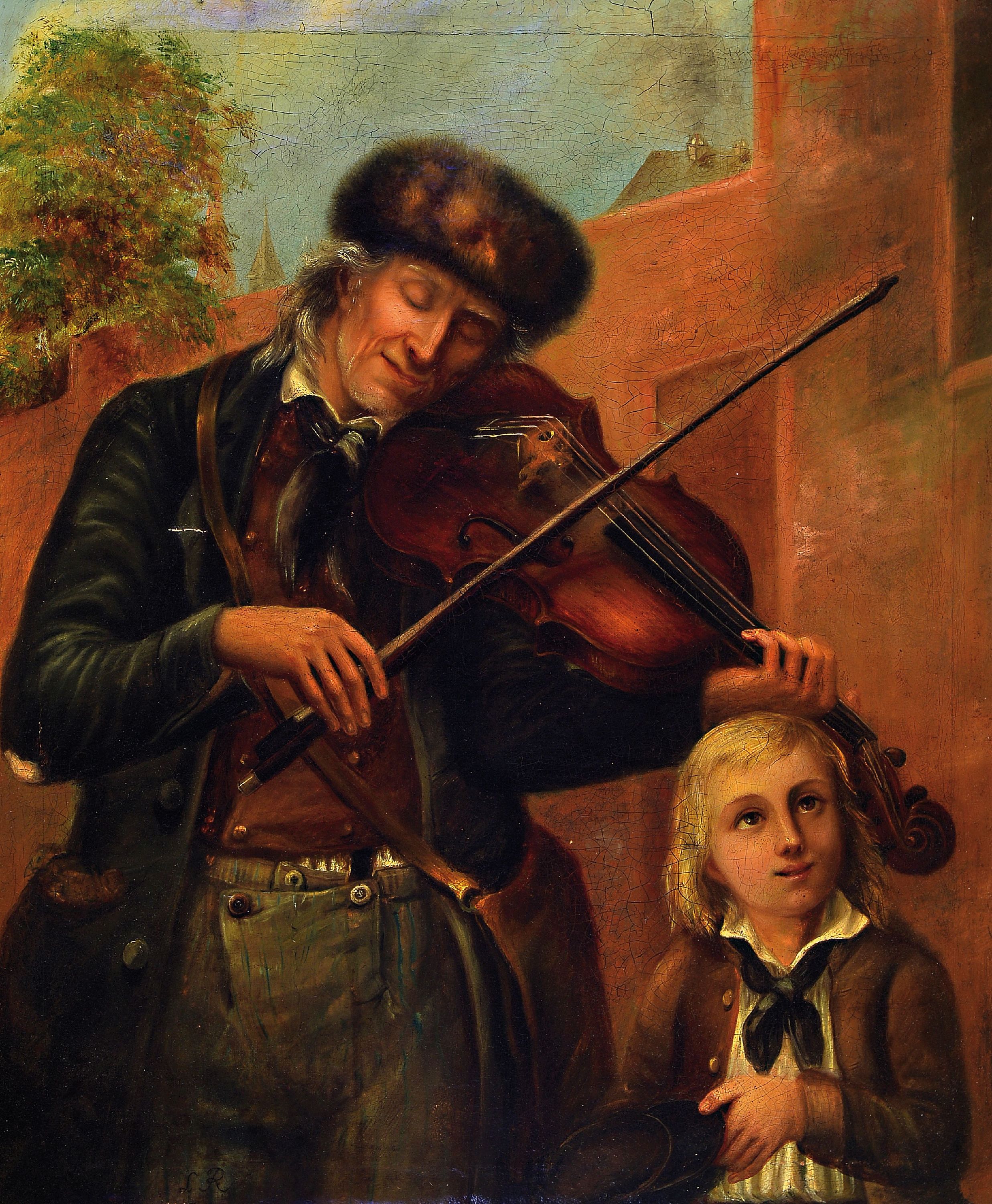 Monogrammist LR, ausgehendes 19.Jh., Violinenspieler mit Kind, links unten monogrammiert LR, Öl/Lwd, 70x58 cm, Rahmen 76x64 cm