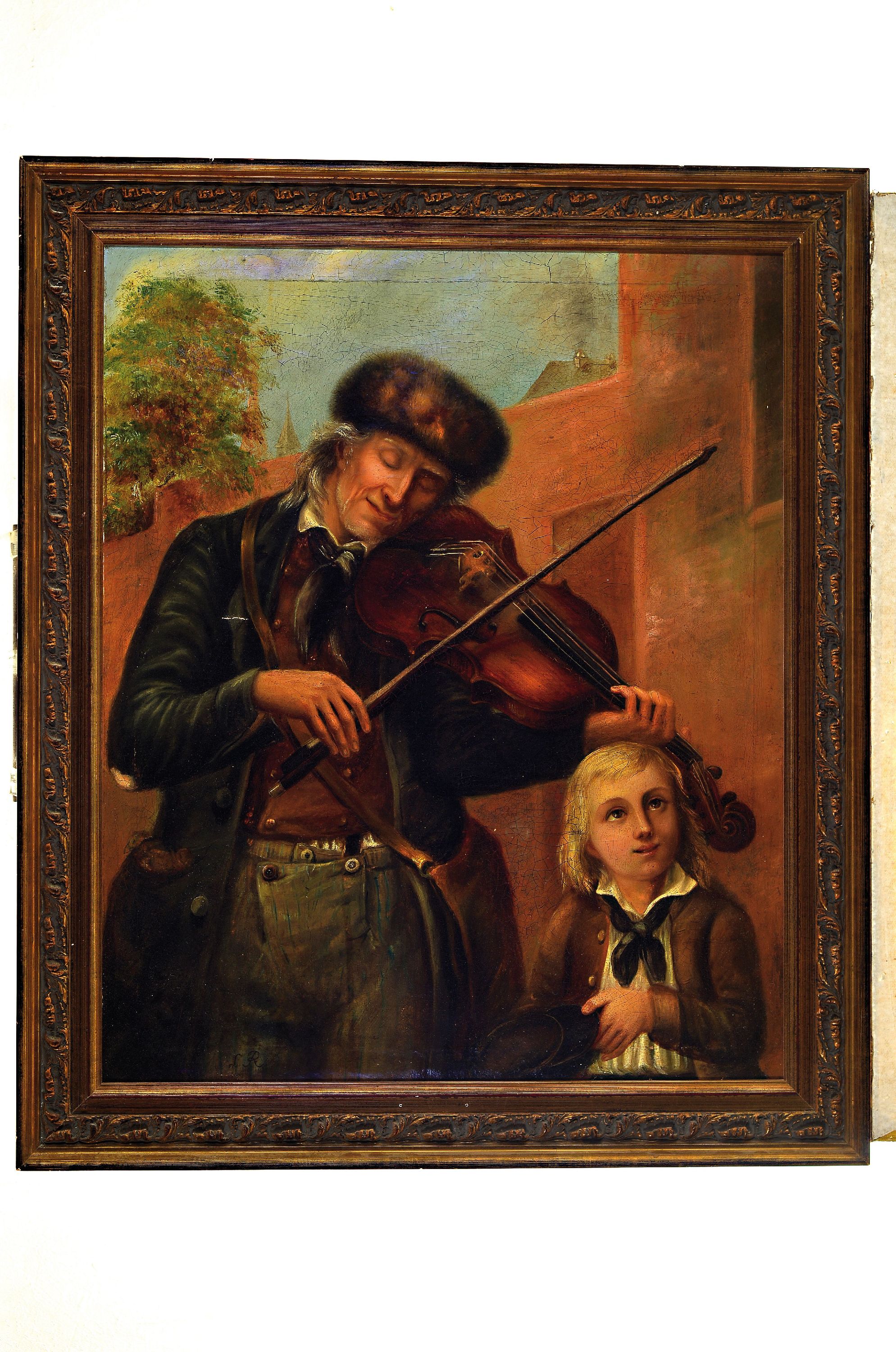 Detail k: Monogrammist LR, ausgehendes 19.Jh., Violinenspieler mit Kind, links unten monogrammiert LR, Öl/Lwd, 70x58 cm, Rahmen 76x64 cm